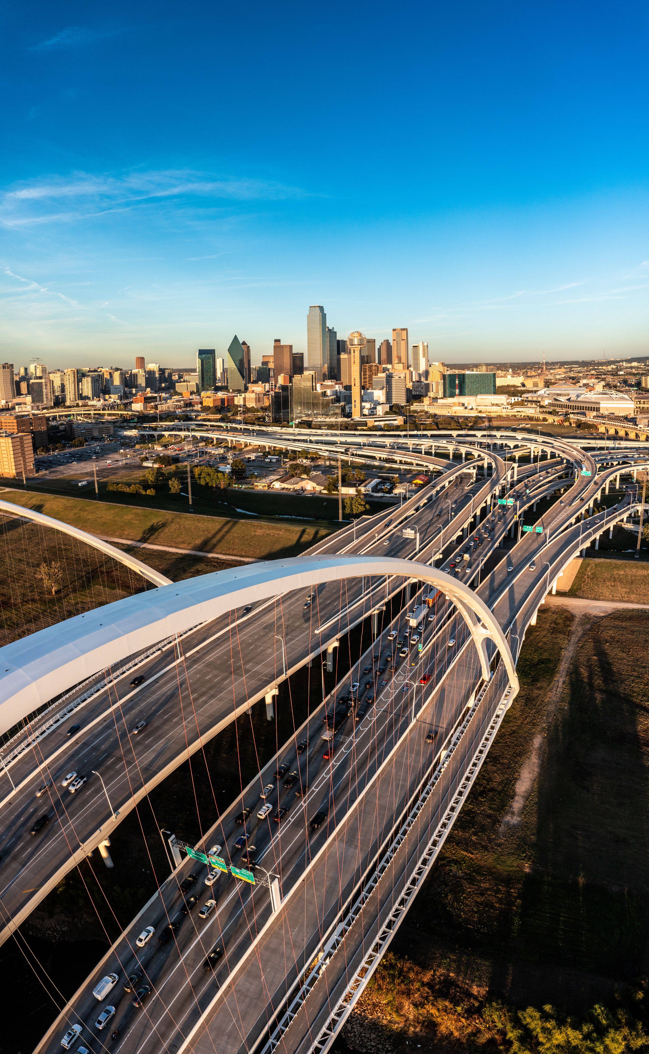 Aerial Drone Image over downtown Dallas, Texas Margaret McDermott Bridge Aerial Drone Image over downtown Dallas, Texas Margaret McDermott Bridge