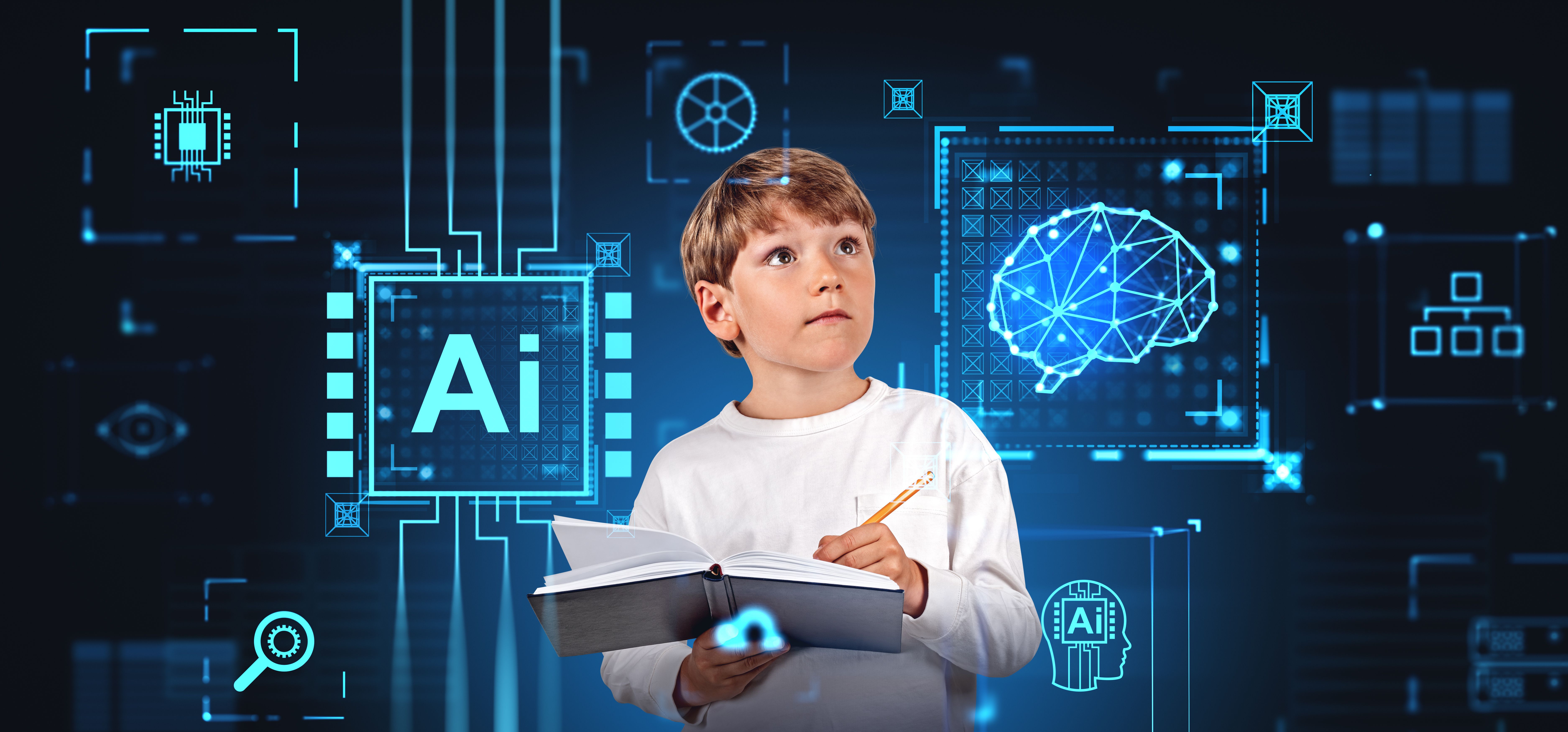 Boy taking notes, digital AI brain hologram with icons and settings