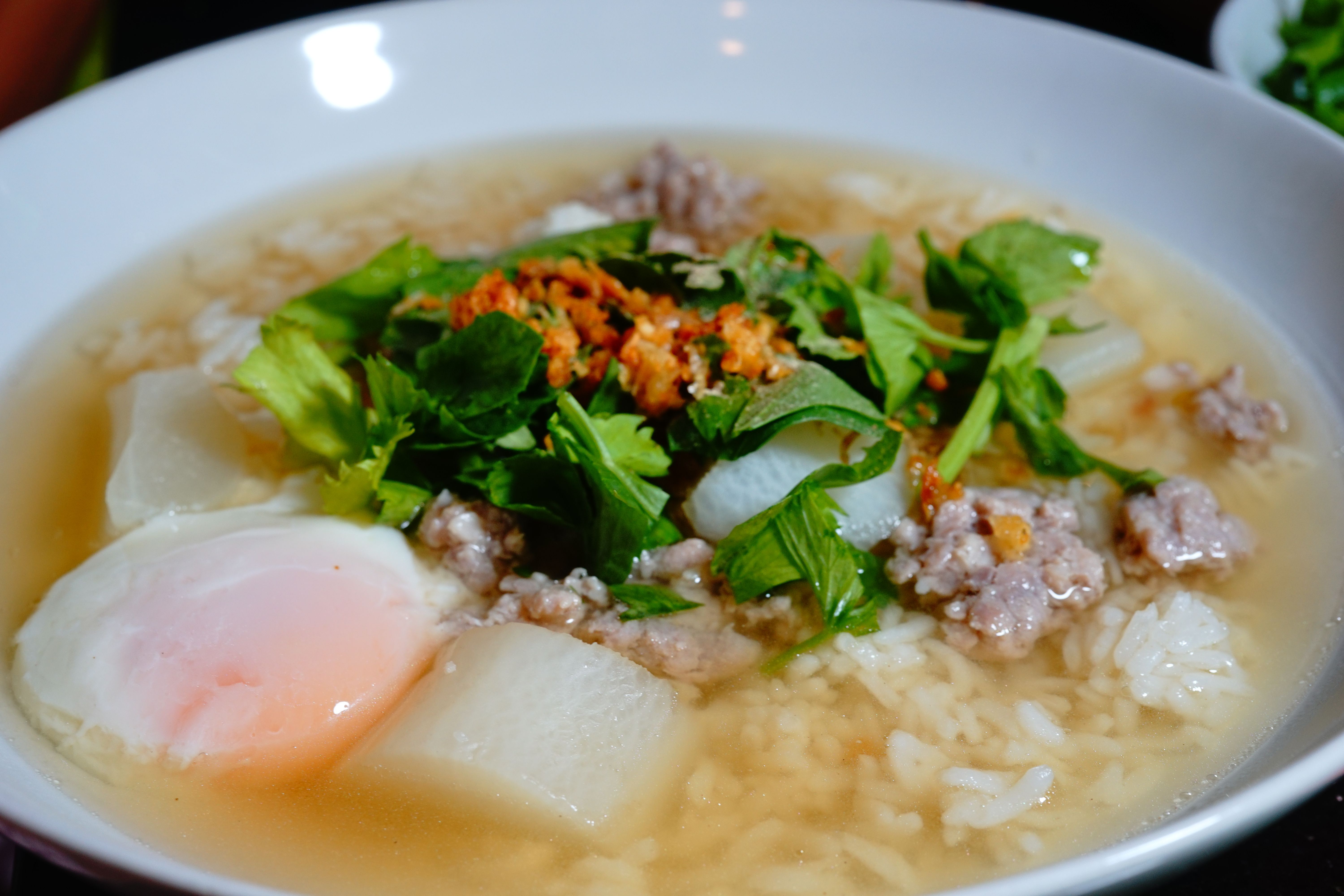 Rice soup with vegetables and Soft-boiled eggs