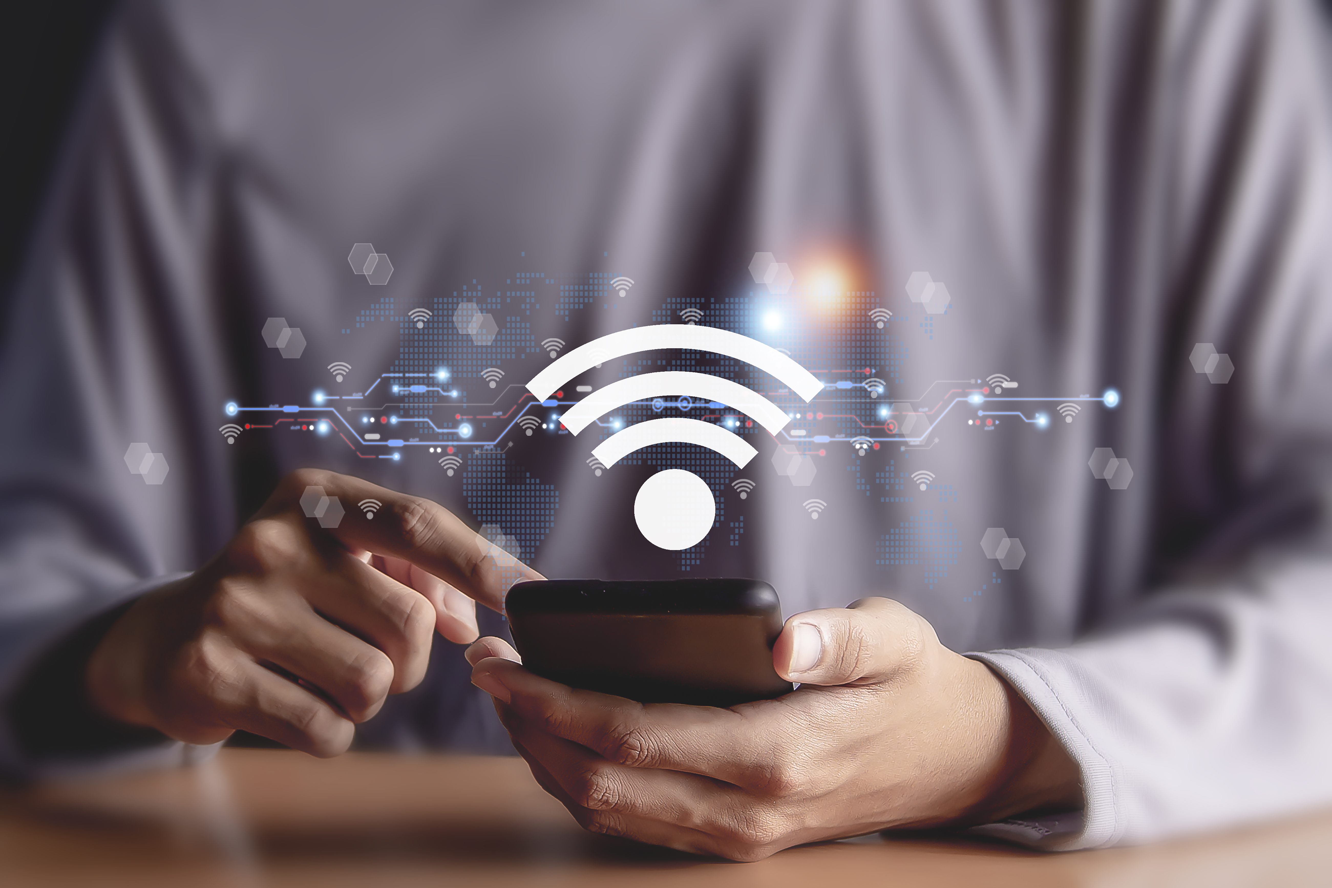 Use business smartphone with wifi icon, business communication social network concept.