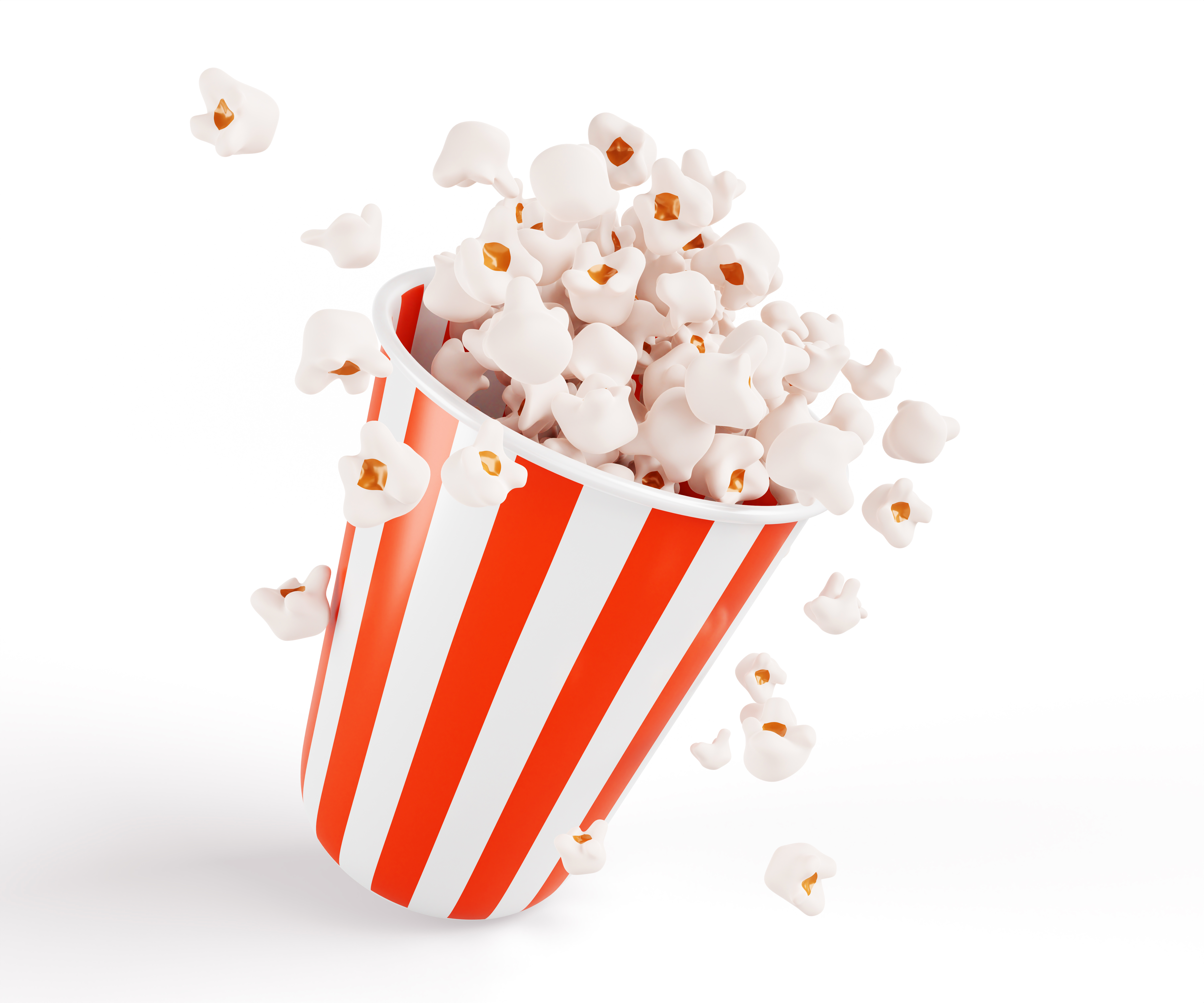 Striped bucket with flying popcorn 3d render icon. Realistic mock up of white and red paper box with pop corn, package for cinema or movie theater. Isolated falling pail with fastfood Striped bucket with flying popcorn 3d render icon. Realistic mock up of white and red paper box with pop corn, package for cinema or movie theater. Isolated falling pail with fastfood