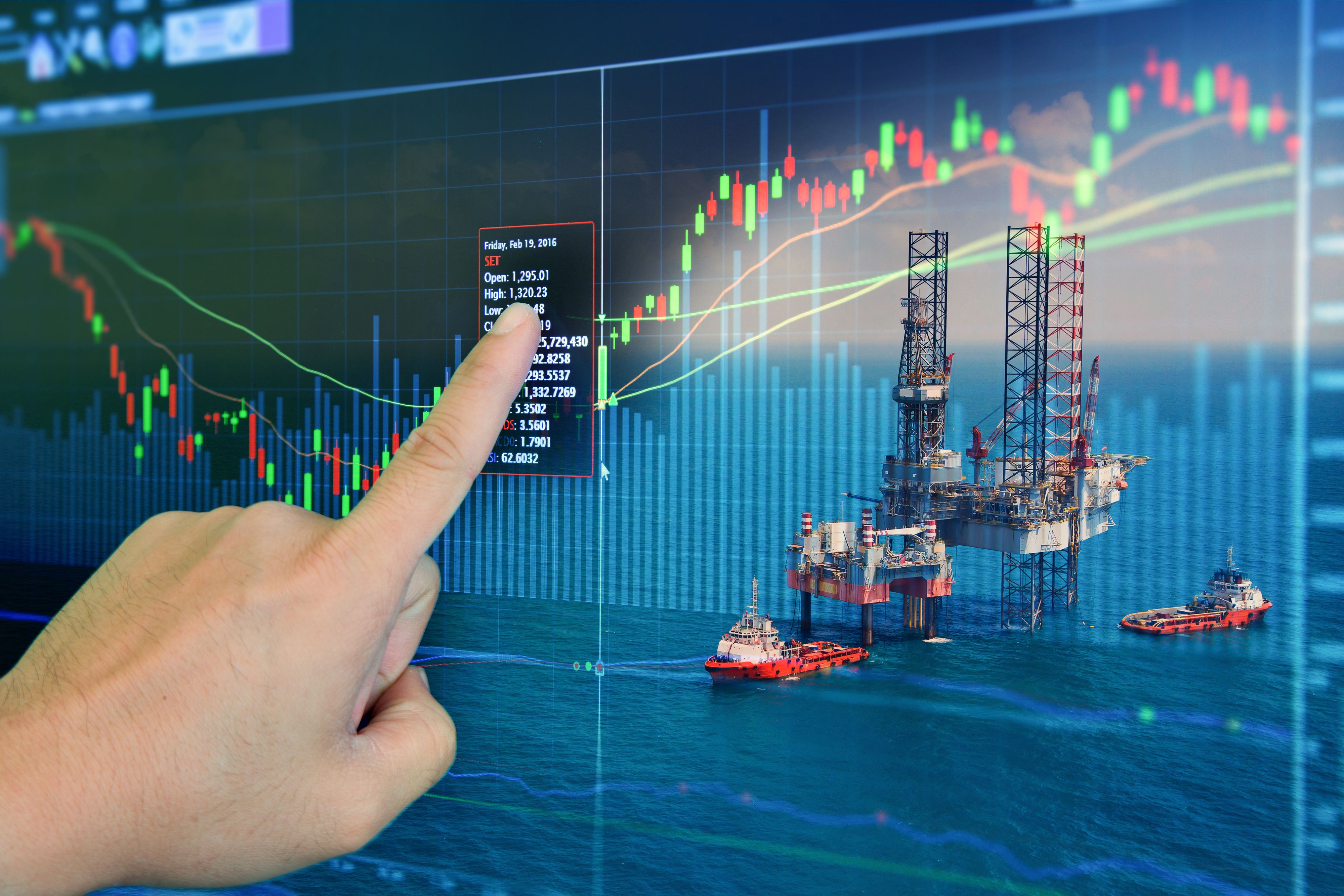 Stock market concept with oil rig in the gulf