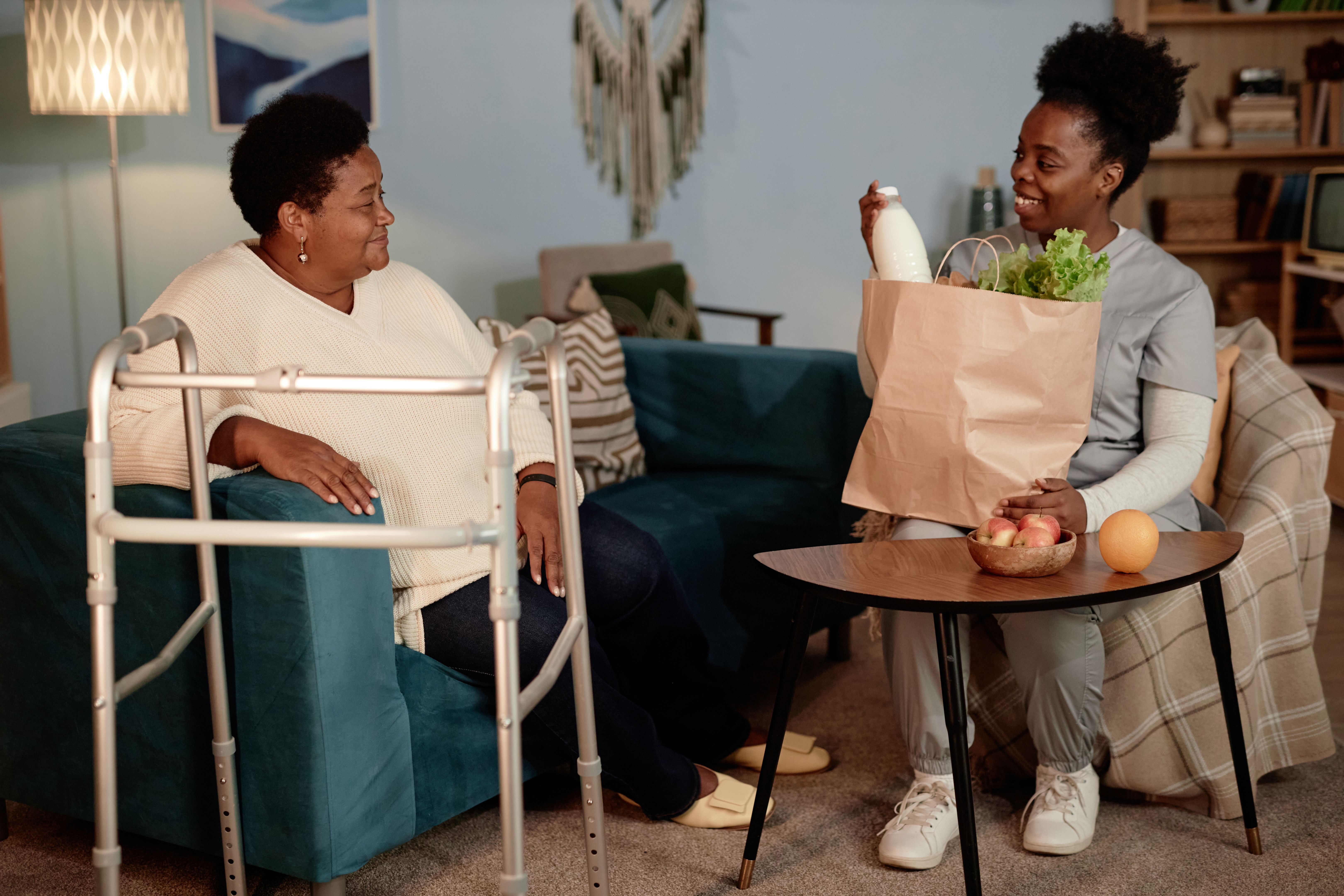 Black Female Social Worker Helping Senior Woman with Disability Delivering Groceries at Home