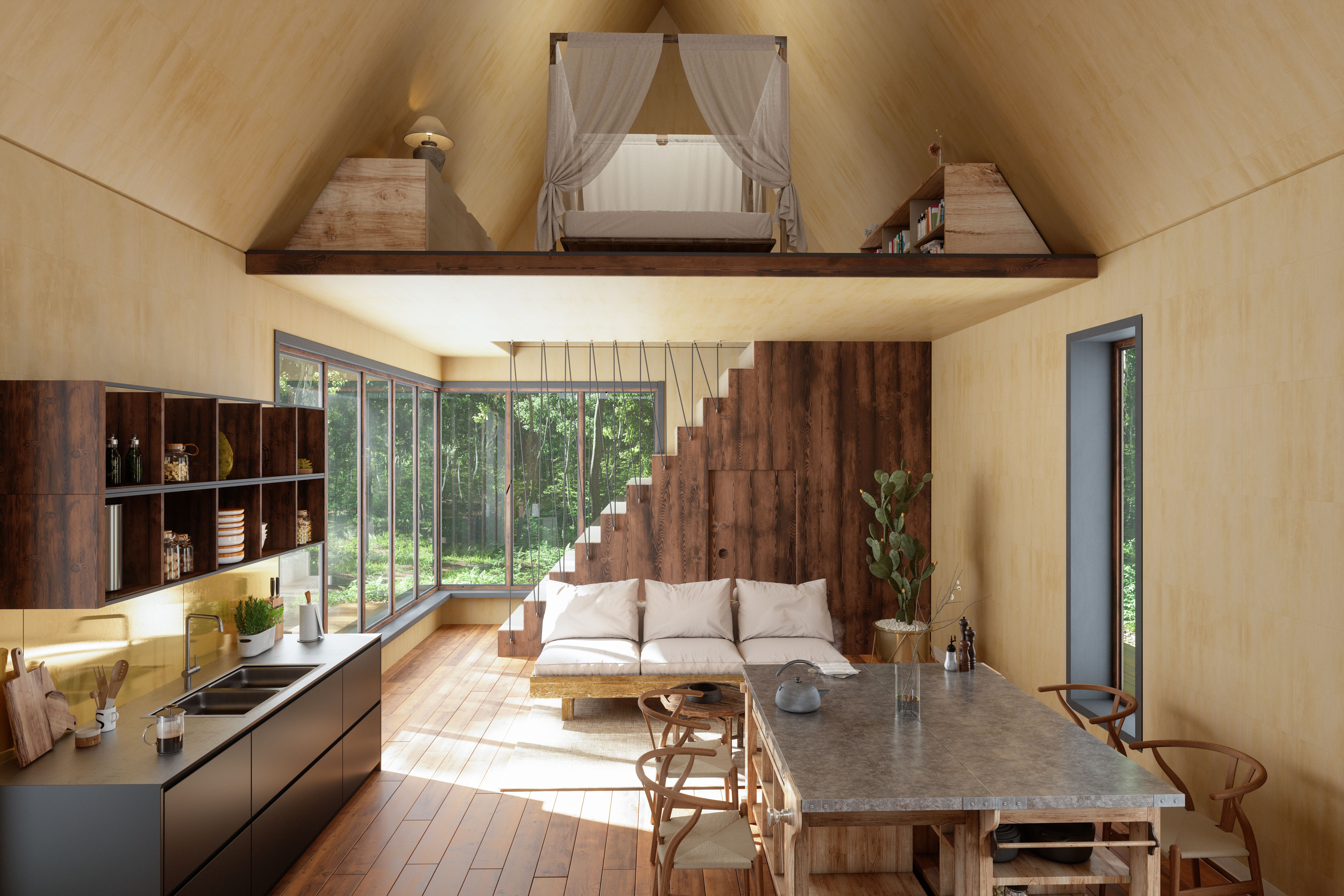 Tiny House Interior With Sofa, Kitchen, Dining Table, Bedroom And Garden View From The Window.