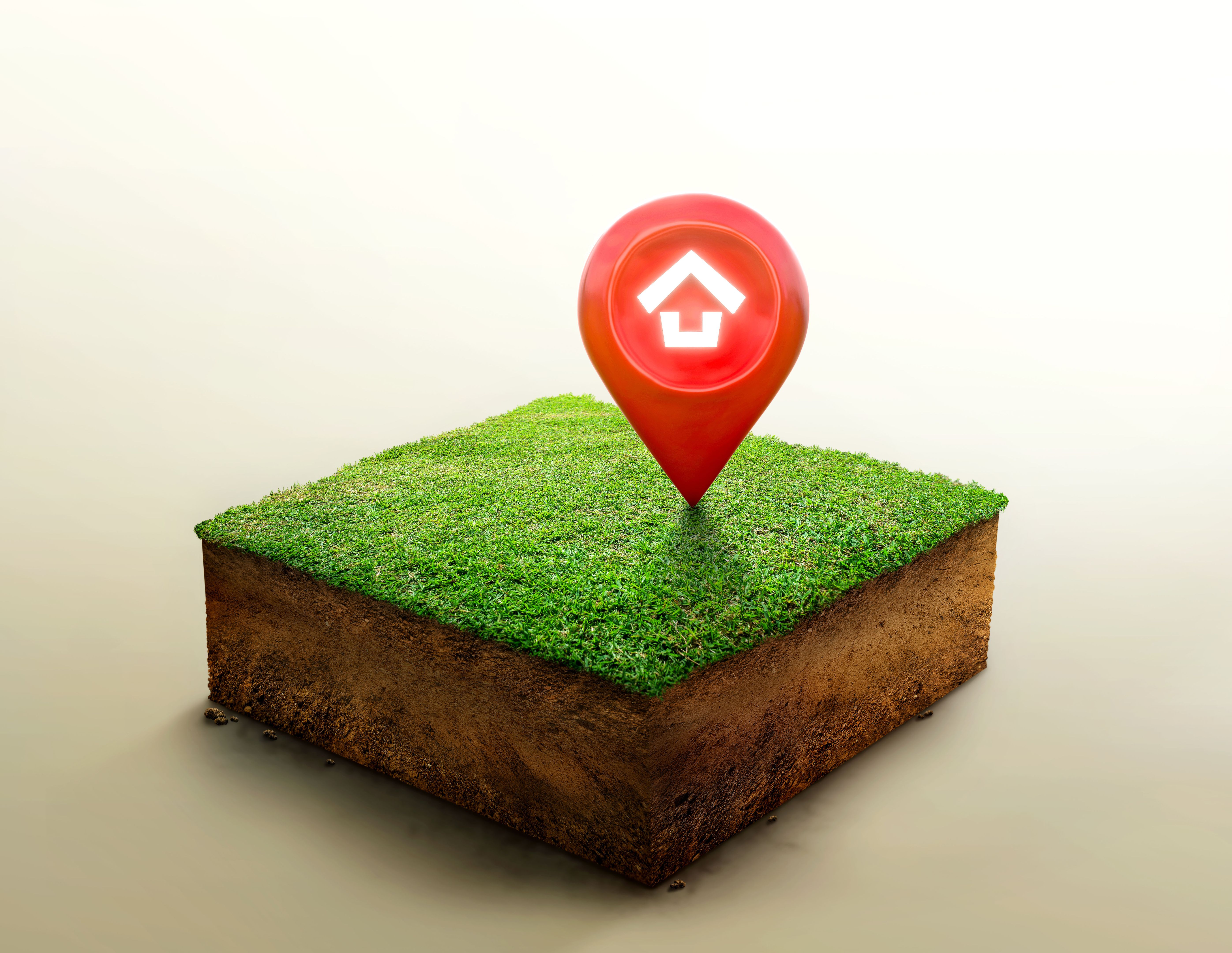 House symbol with location pin icon on cubicle soil and geology cross section with green grass, ground ecology isolated on light color.