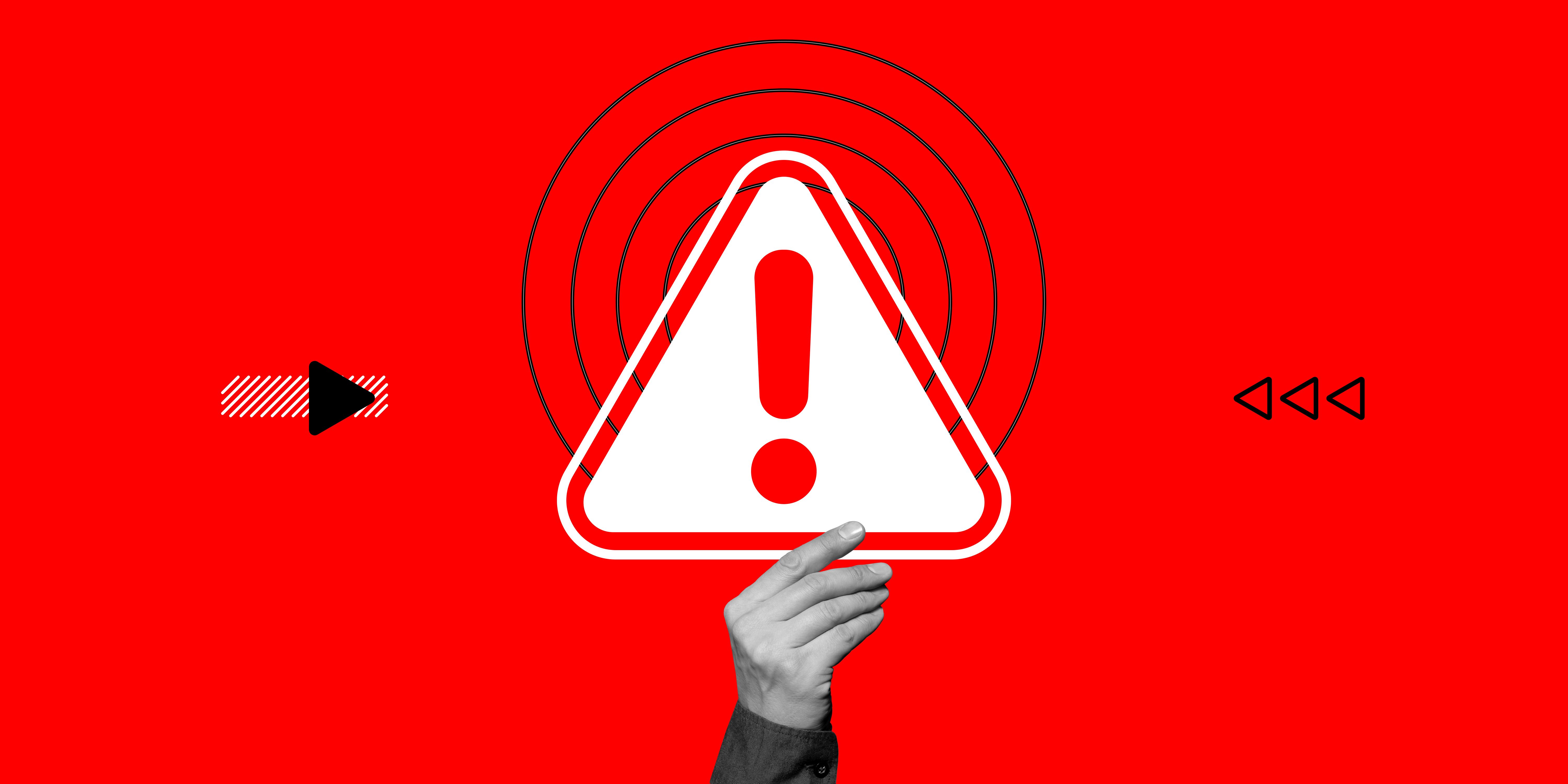 Attention concept. Hand holds danger warning sign with exclamation mark on red background. Minimalist art collage