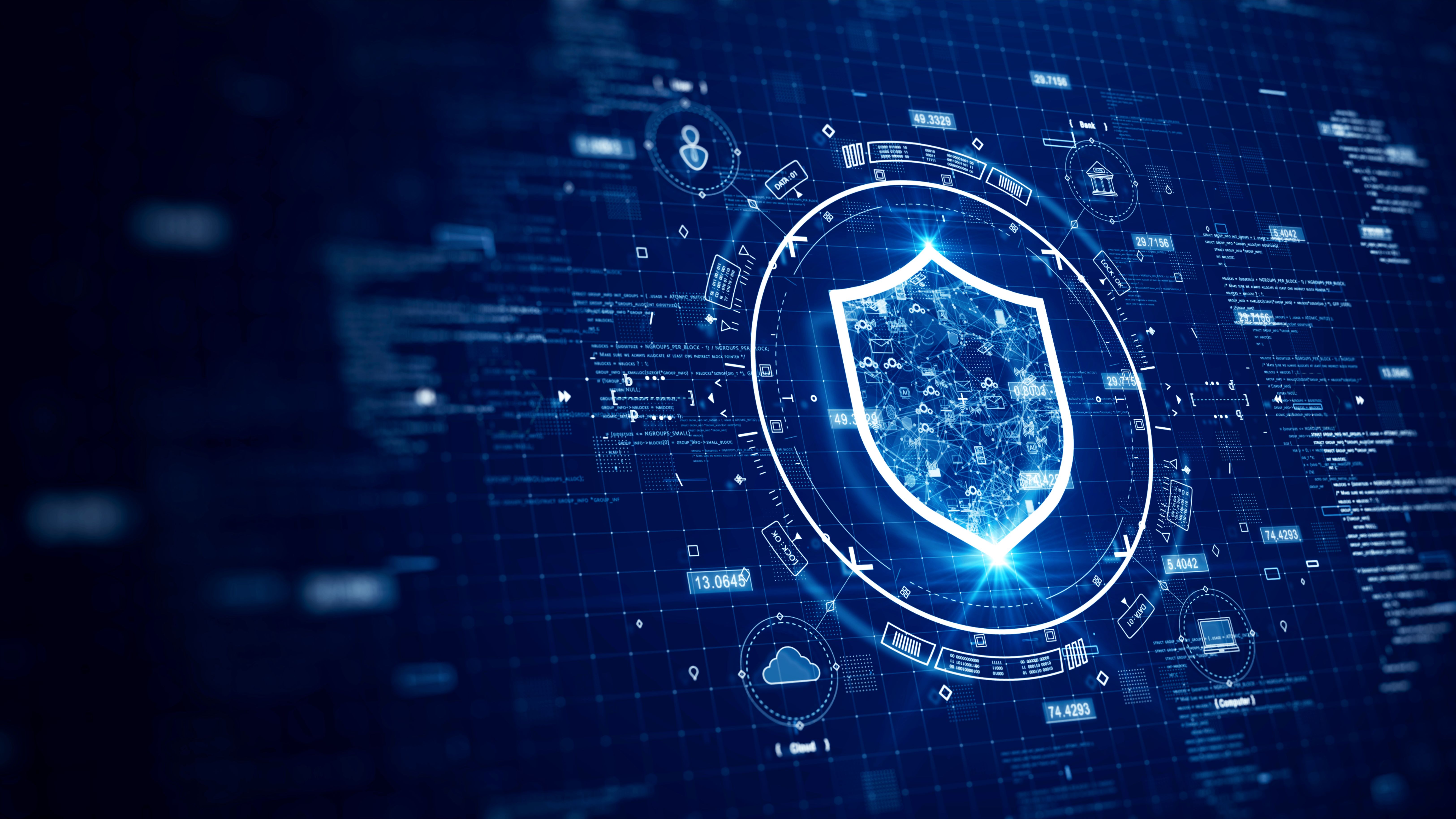 cybersecurity data protection digital technology concept internet network connection. Icons and polygons are connected inside the prominent shield on the right. binary code on dark blue background.