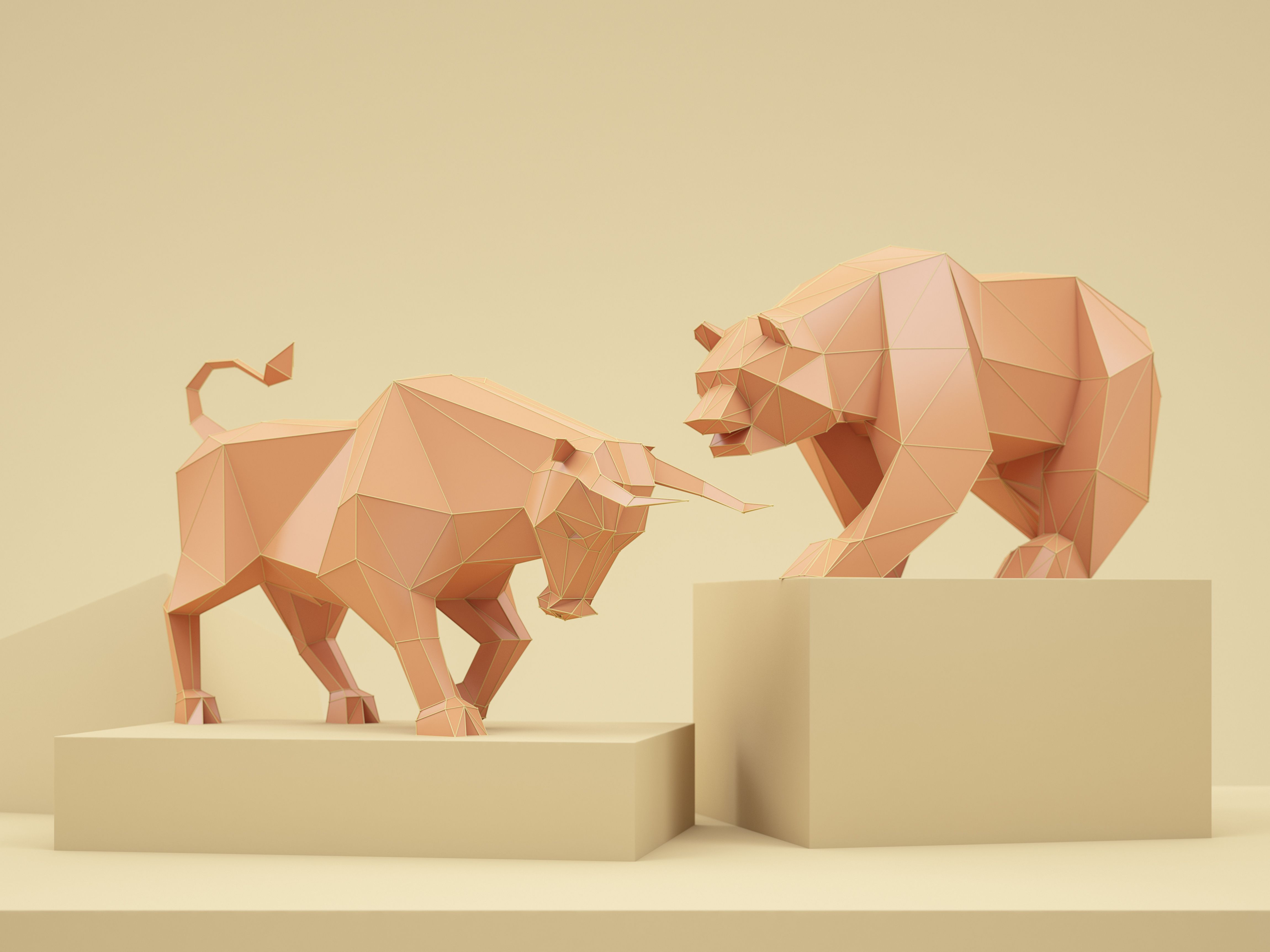 Pastel Colored Low Poly Bull and Bear