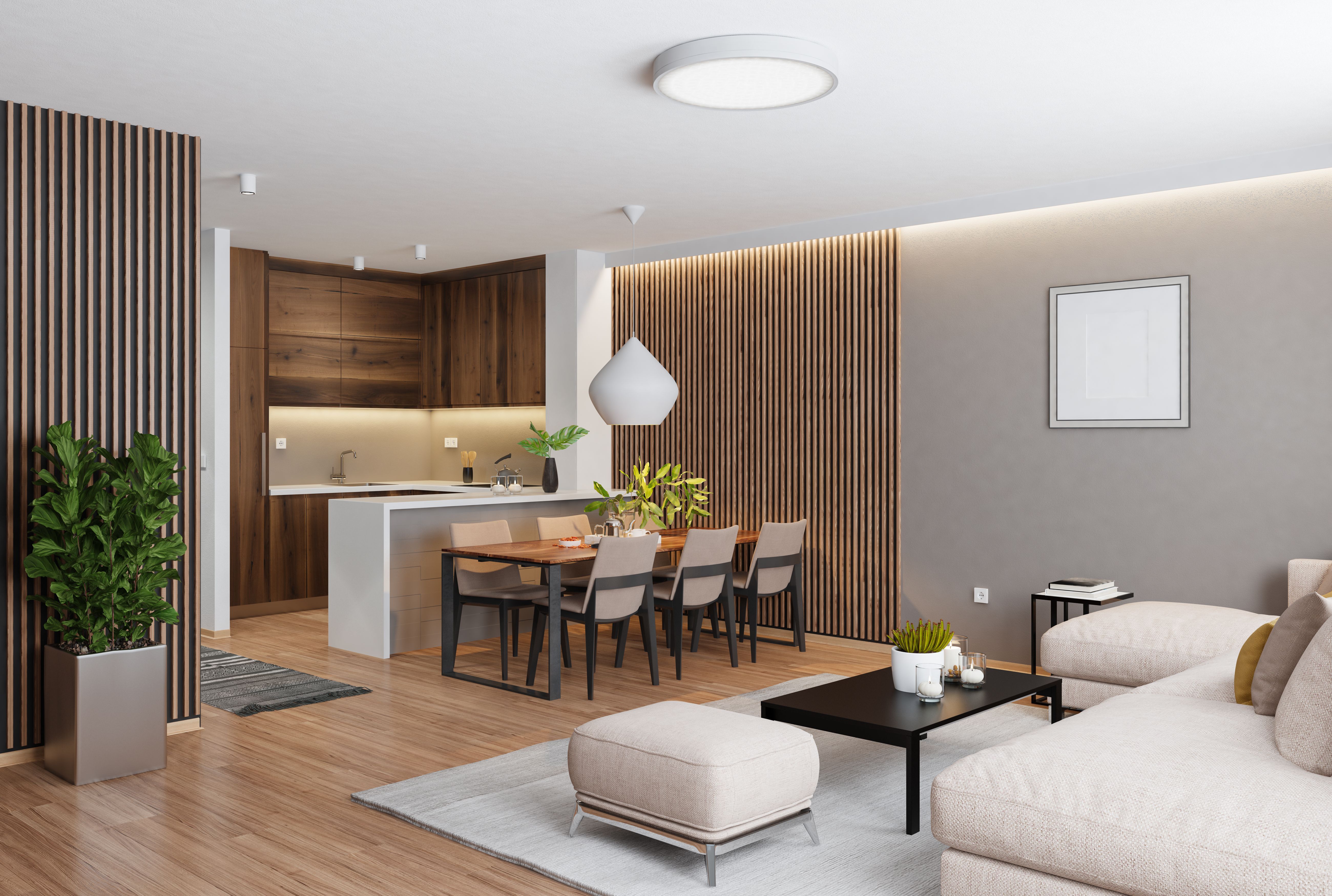 Oak wood and black Modern minimalist apartment interior. Living room with modern kitchen with island with stools. Japandi style.