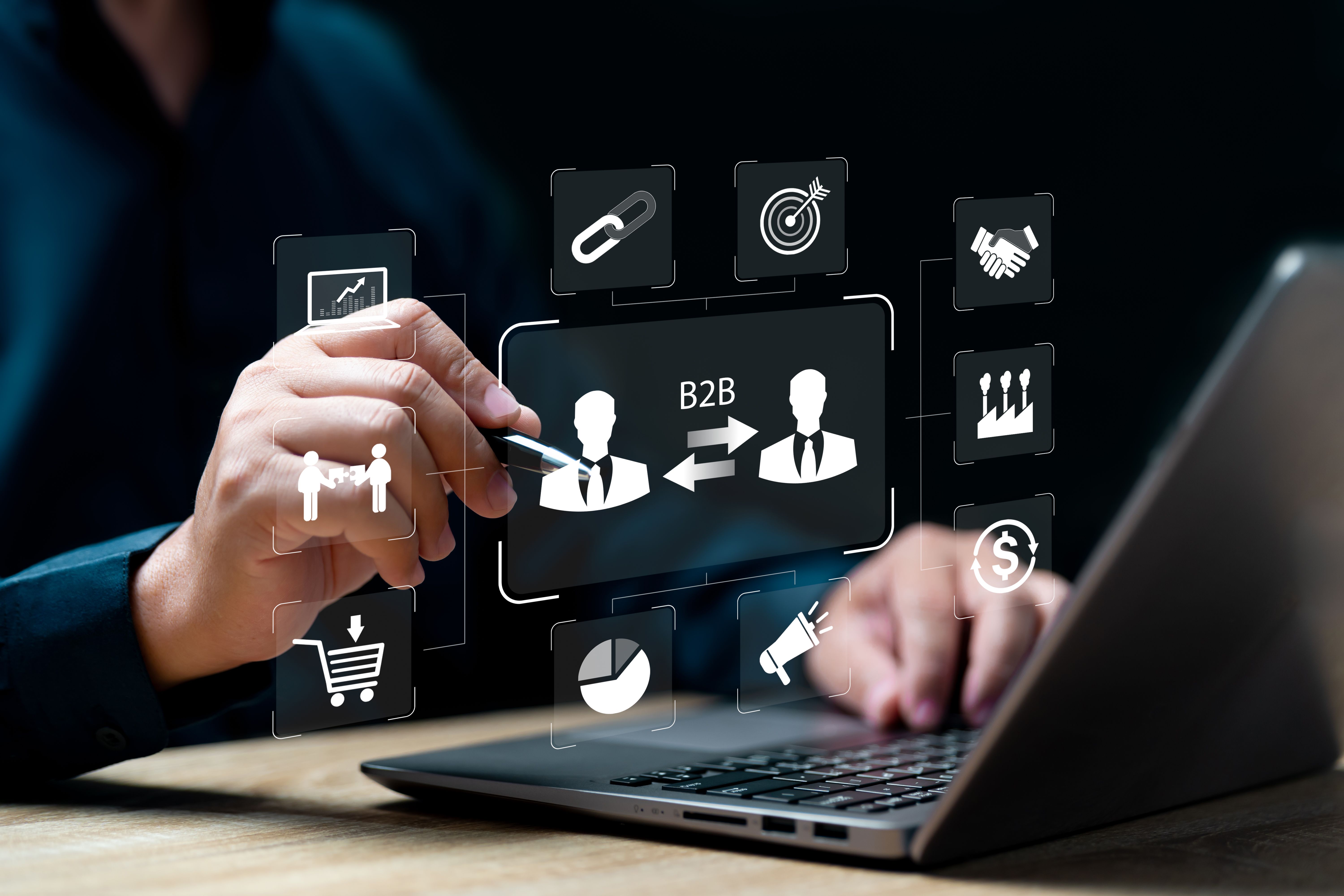 B2B, business-to-business marketing Concept, Business Company Commerce Technology, Businessman plan targets, Supply chain, E-commerce marketing strategy, Collaboration, Action plan, Sales optimization