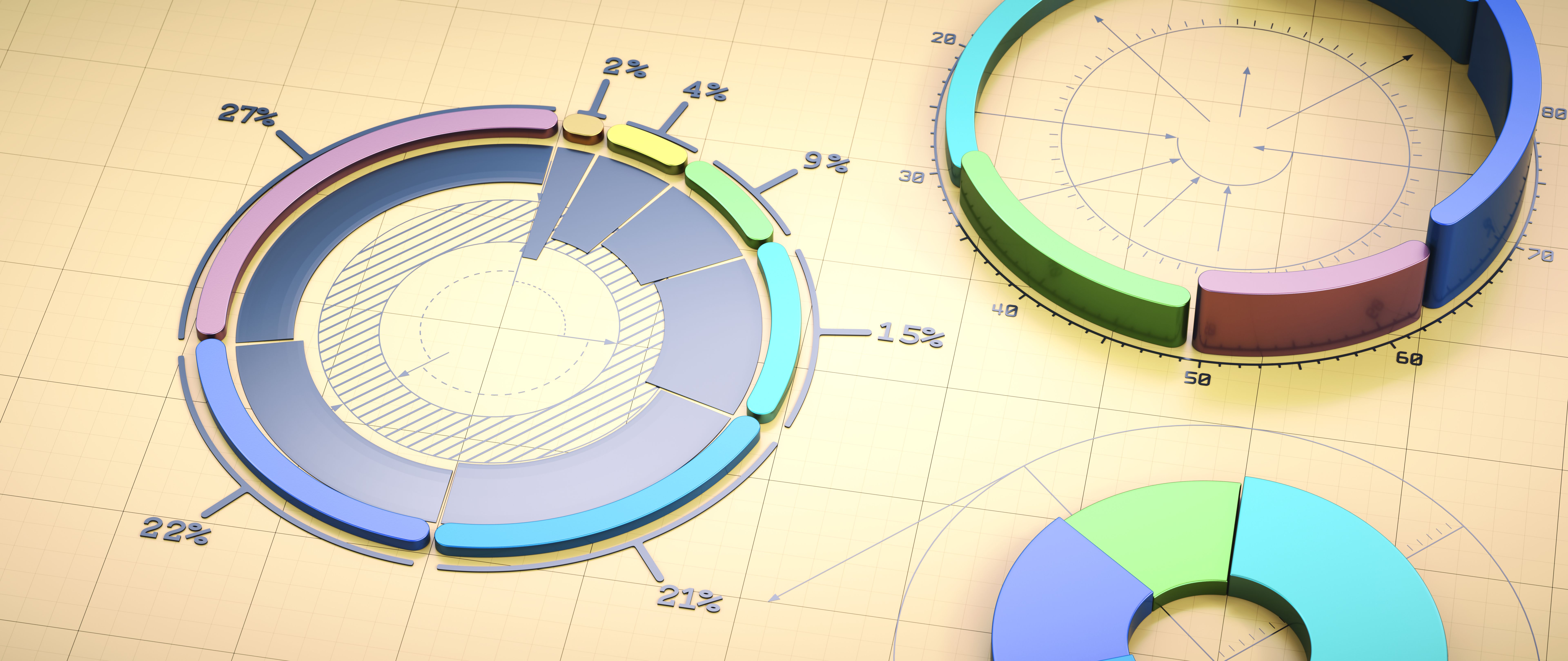 Abstract pie charts & circular charts on an engineering blueprint surface. Wide horizontal close up composition. Abstract pie charts & circular charts on an engineering blueprint surface. Wide horizontal close up composition.