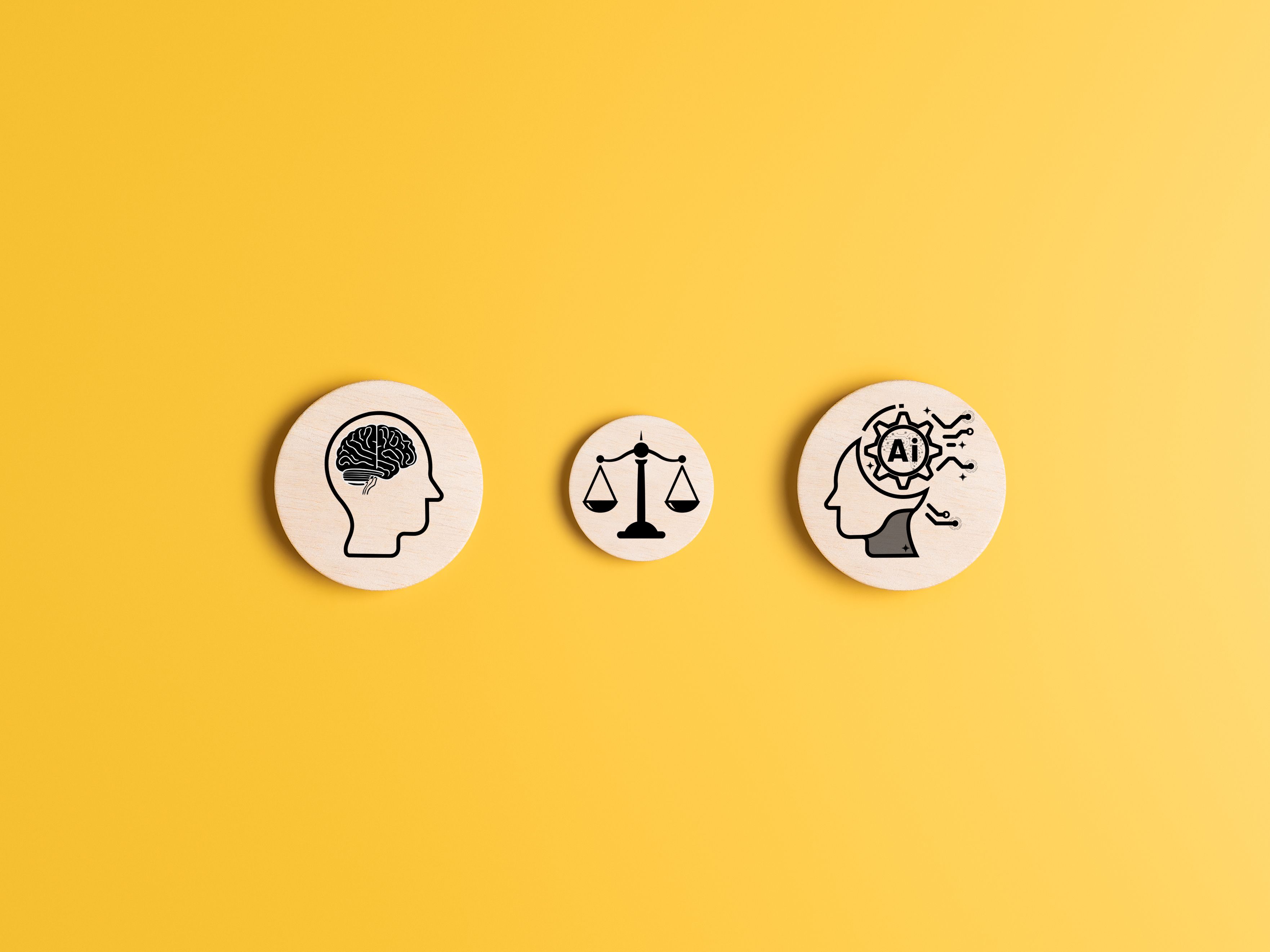 AI technology morals and ethics on yellow background. Create art and generated content. Impact and responsibility for use of work in machine learning to human work. The balance between humans and A.I.