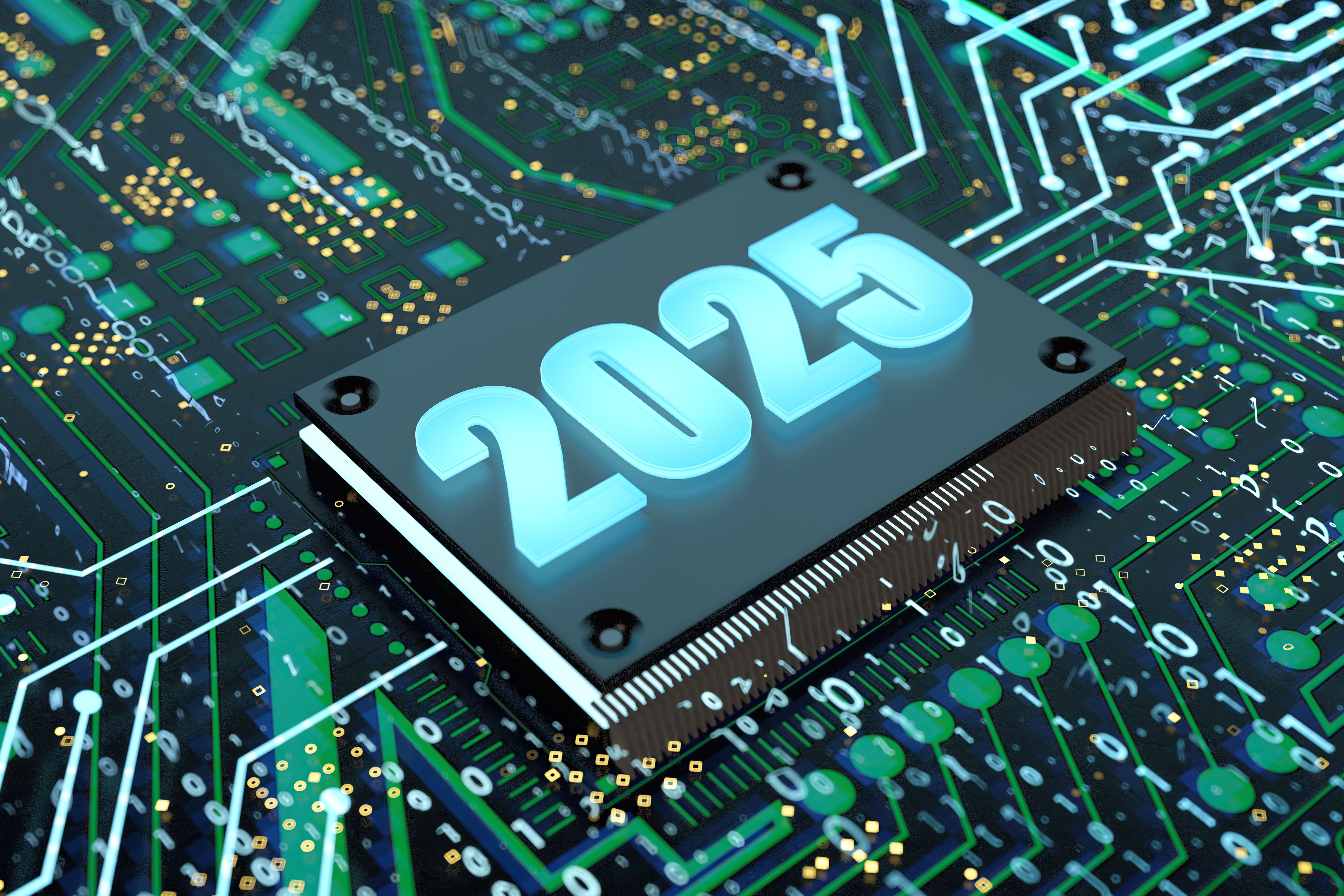 Illuminated 2025 on the Microchip of an Electronic Board Illuminated 2025 on the Microchip of an Electronic Board