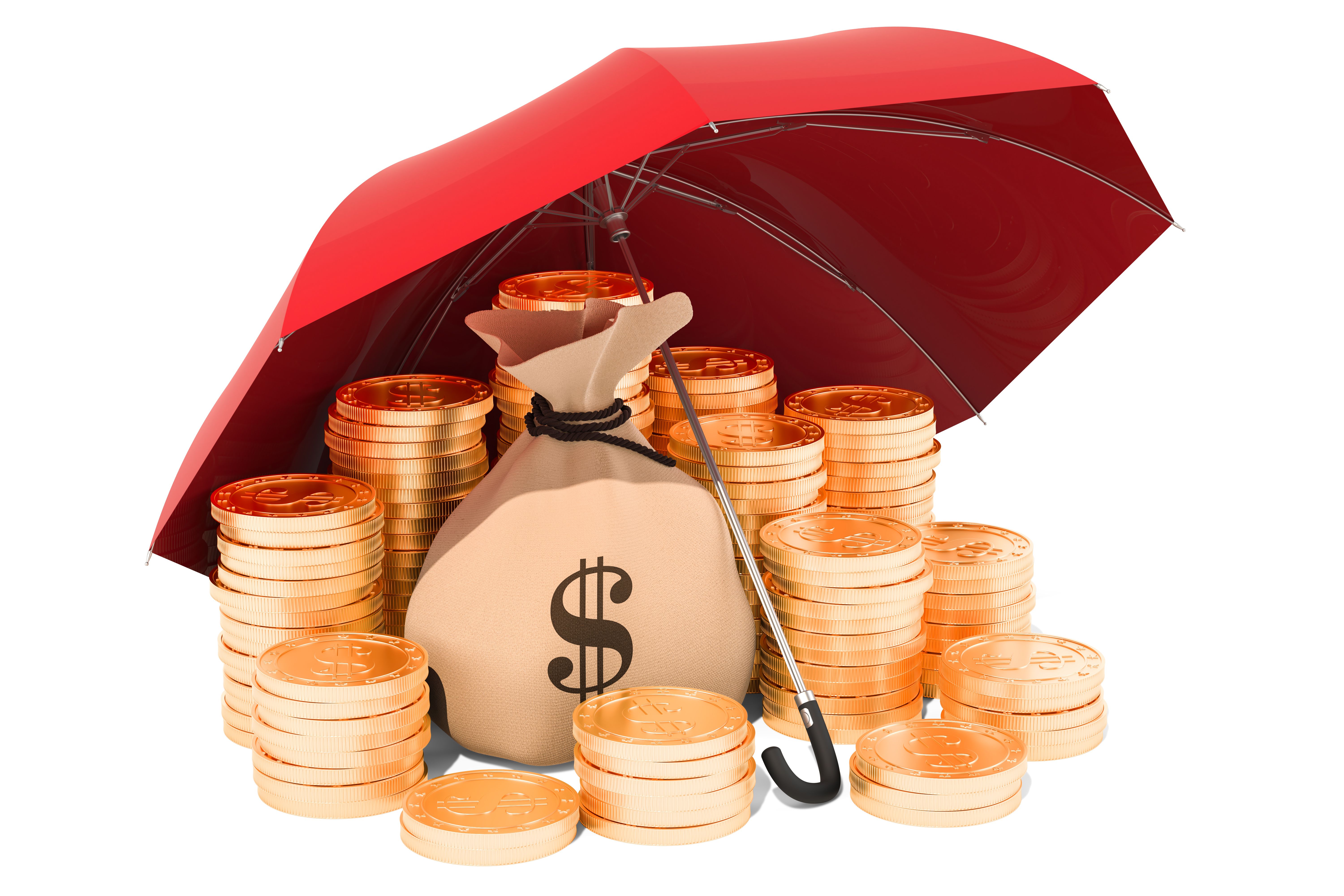 Dollar coins and money bag with dollar under umbrella. Financial insurance concept, 3D rendering isolated on white background