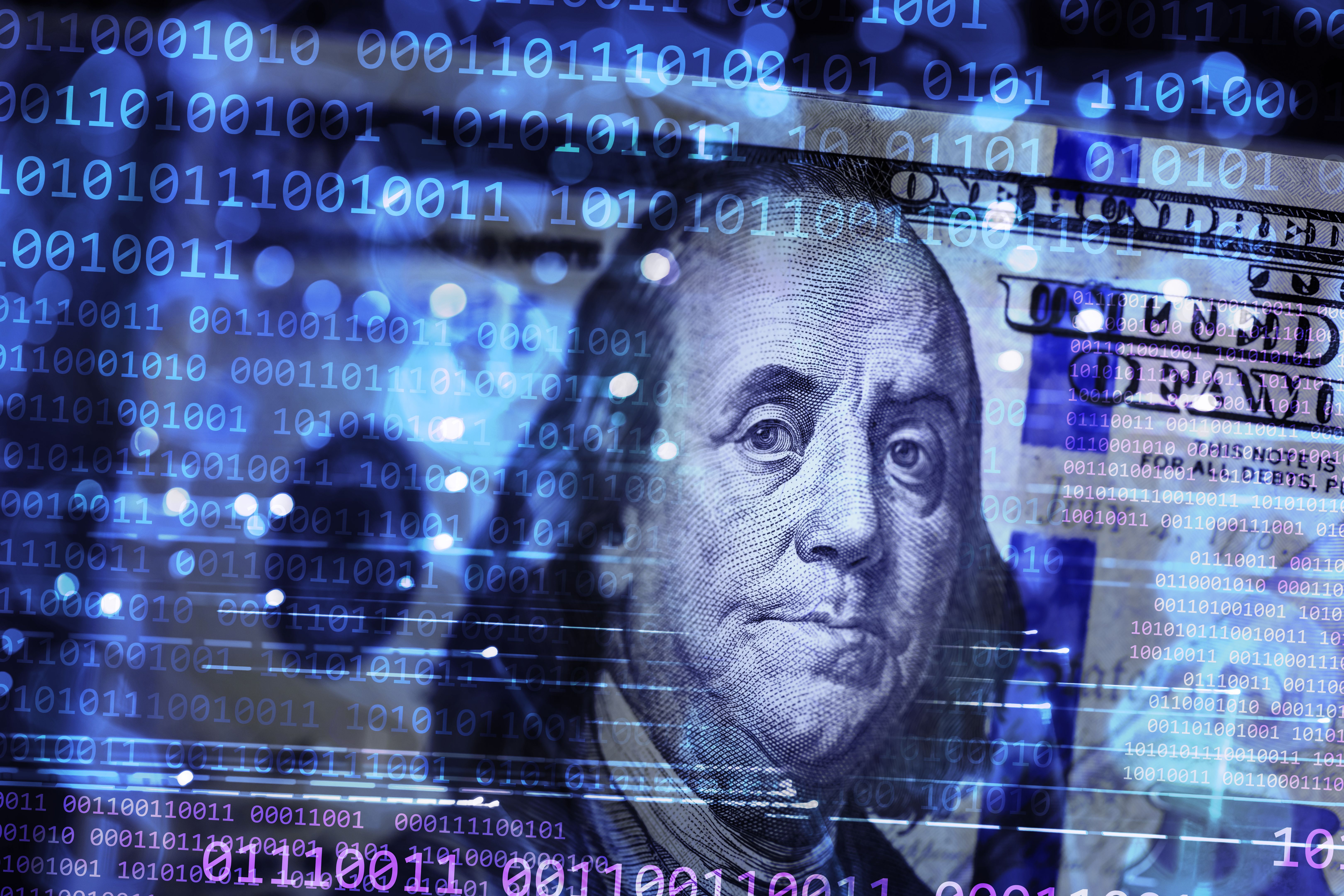 Financial Technologies - binary code background with dollar banknotes