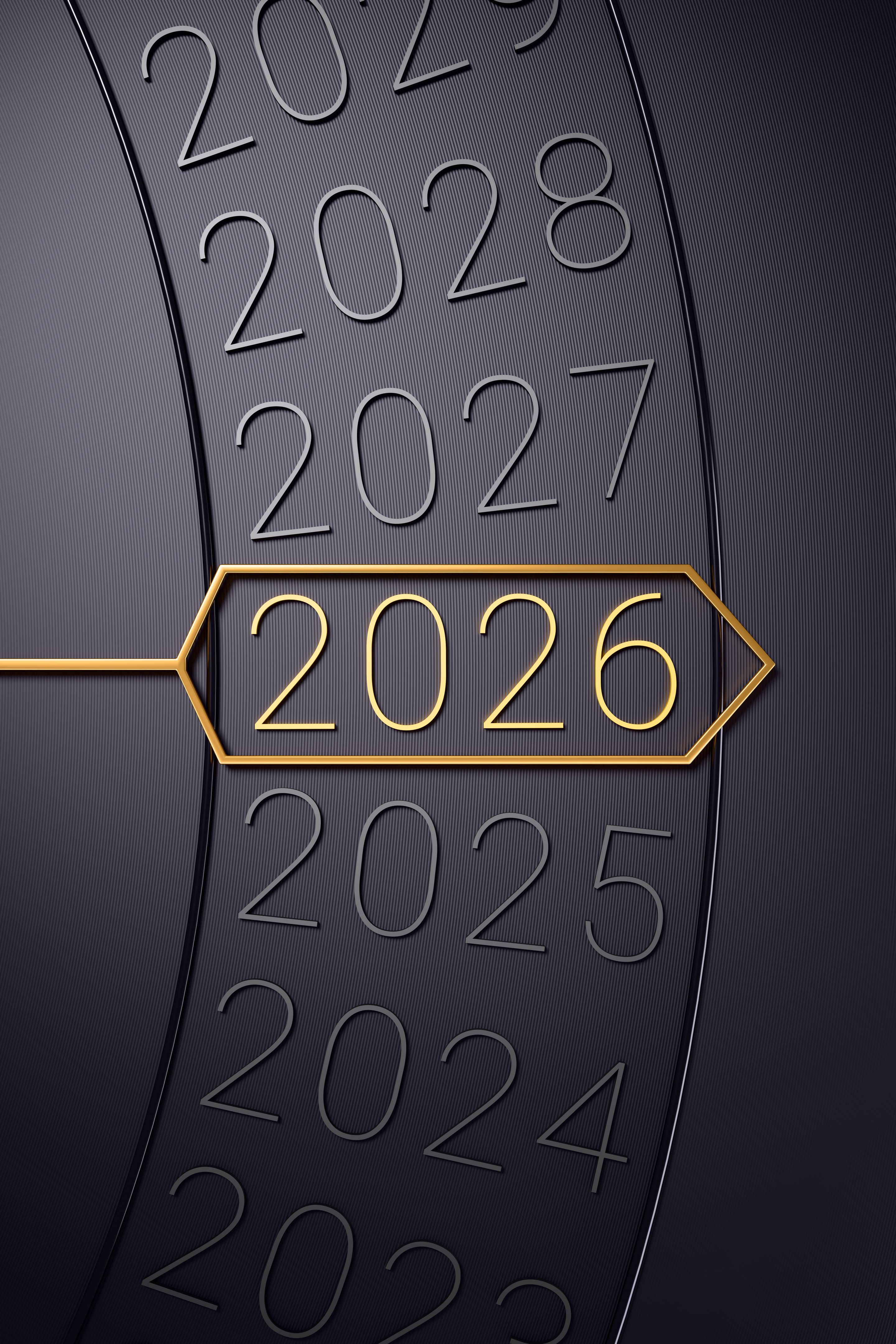 Closeup of mechanical dial, 2026 number in gold, arrow pointer, metallic rim on dark gray background. Change years concept. 3D illustration.