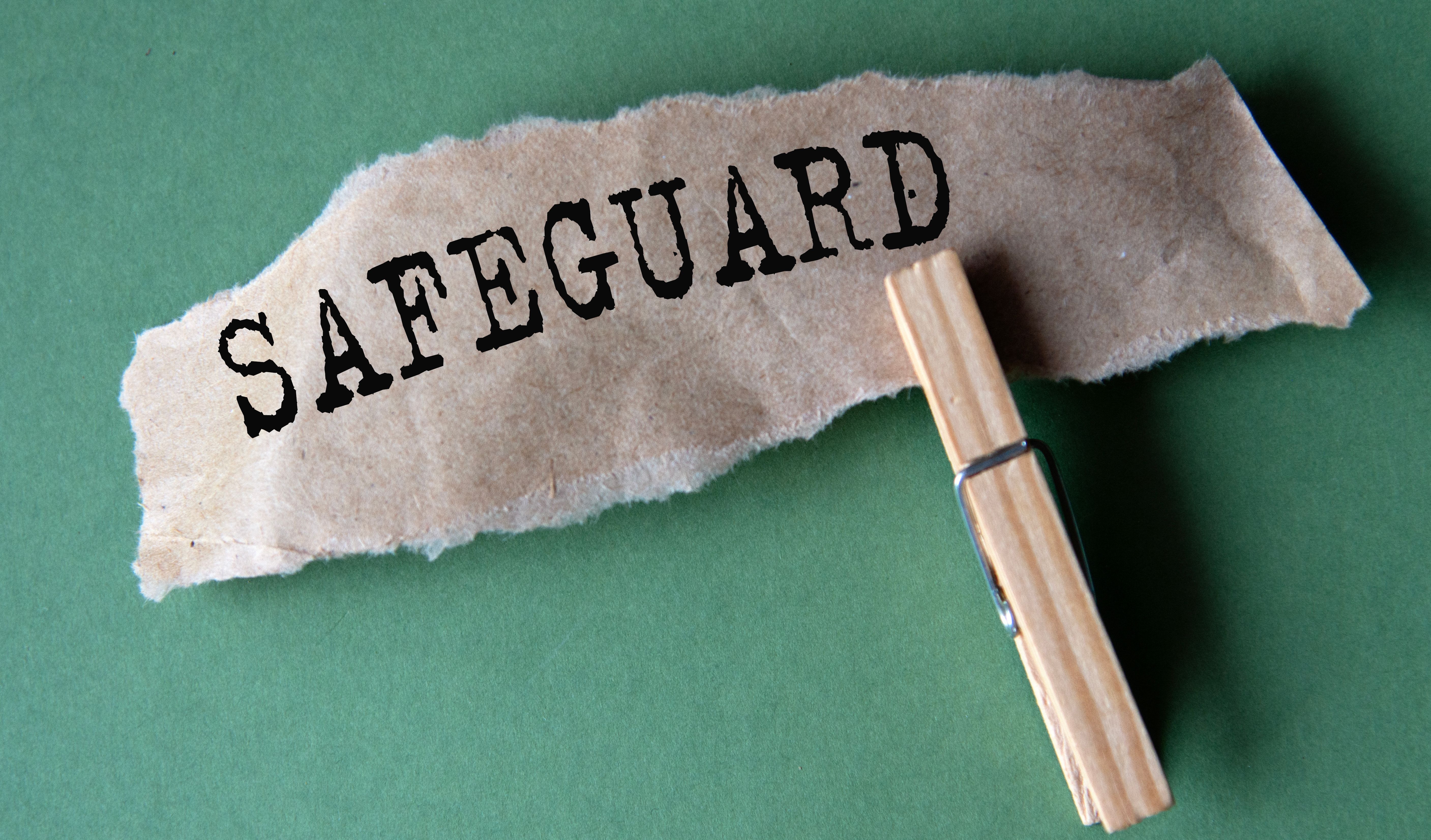 SAFEGUARD - word on a torn brown piece of paper with a clothespin on a green background