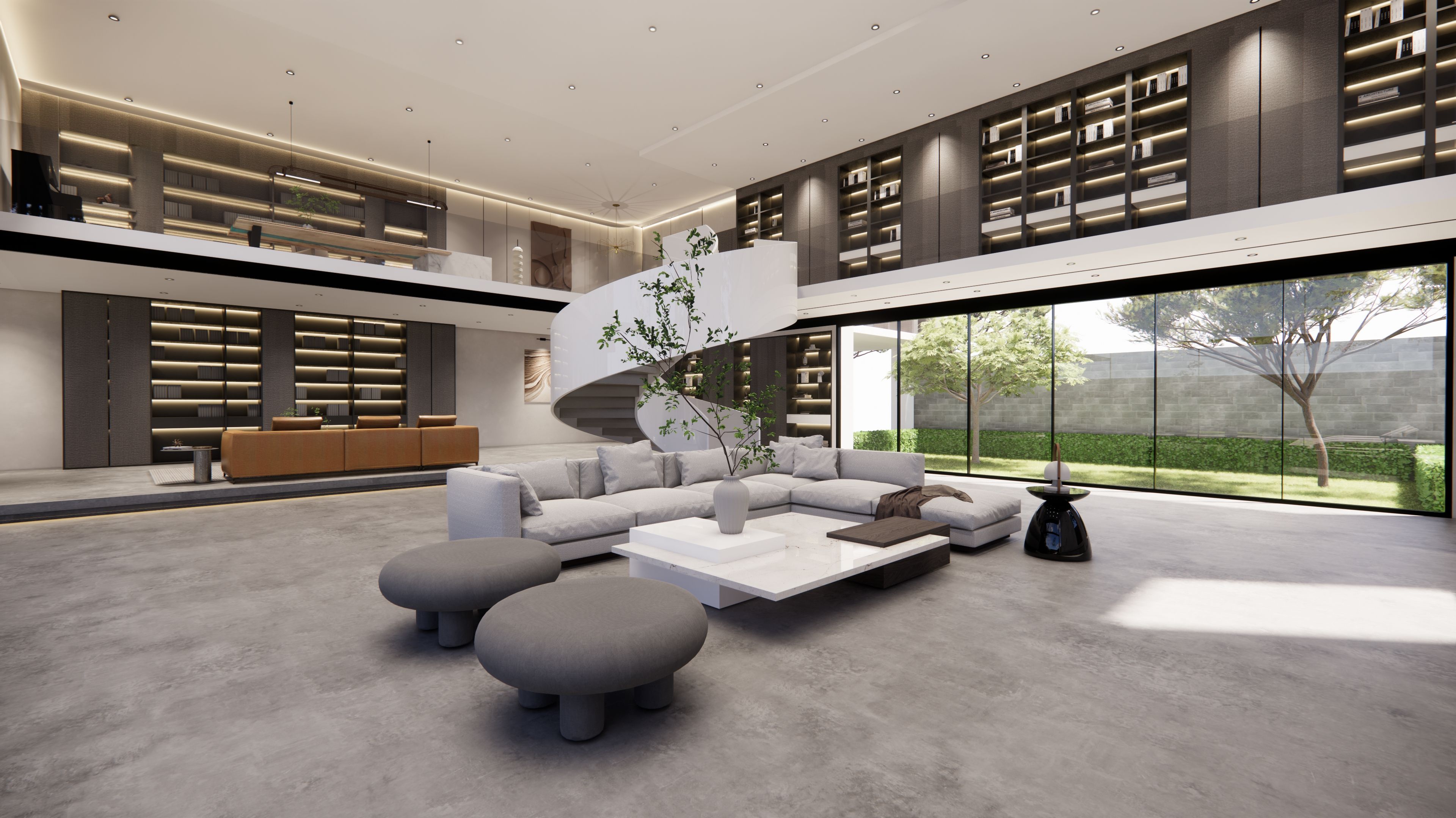 Luxurious modernity of this interior duplex house, depicted in stunning 3D rendering.Living area in modern contemporary style interior design