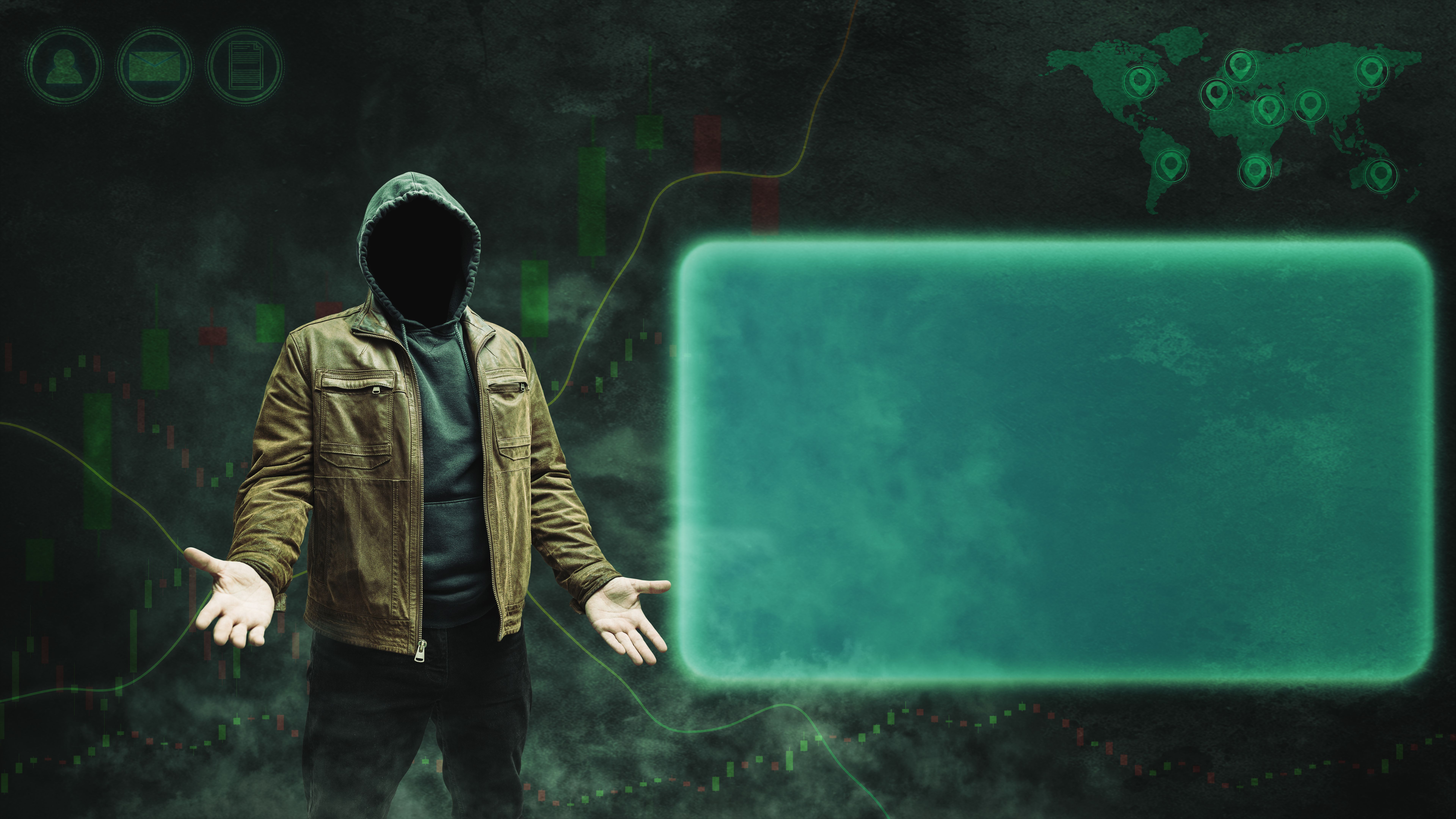 Faceless, anonymous man in a hoodie and leather jacket, shrugging his shoulders, standing against a dark background featuring a forex or trading chart. Empty space for text, copy space