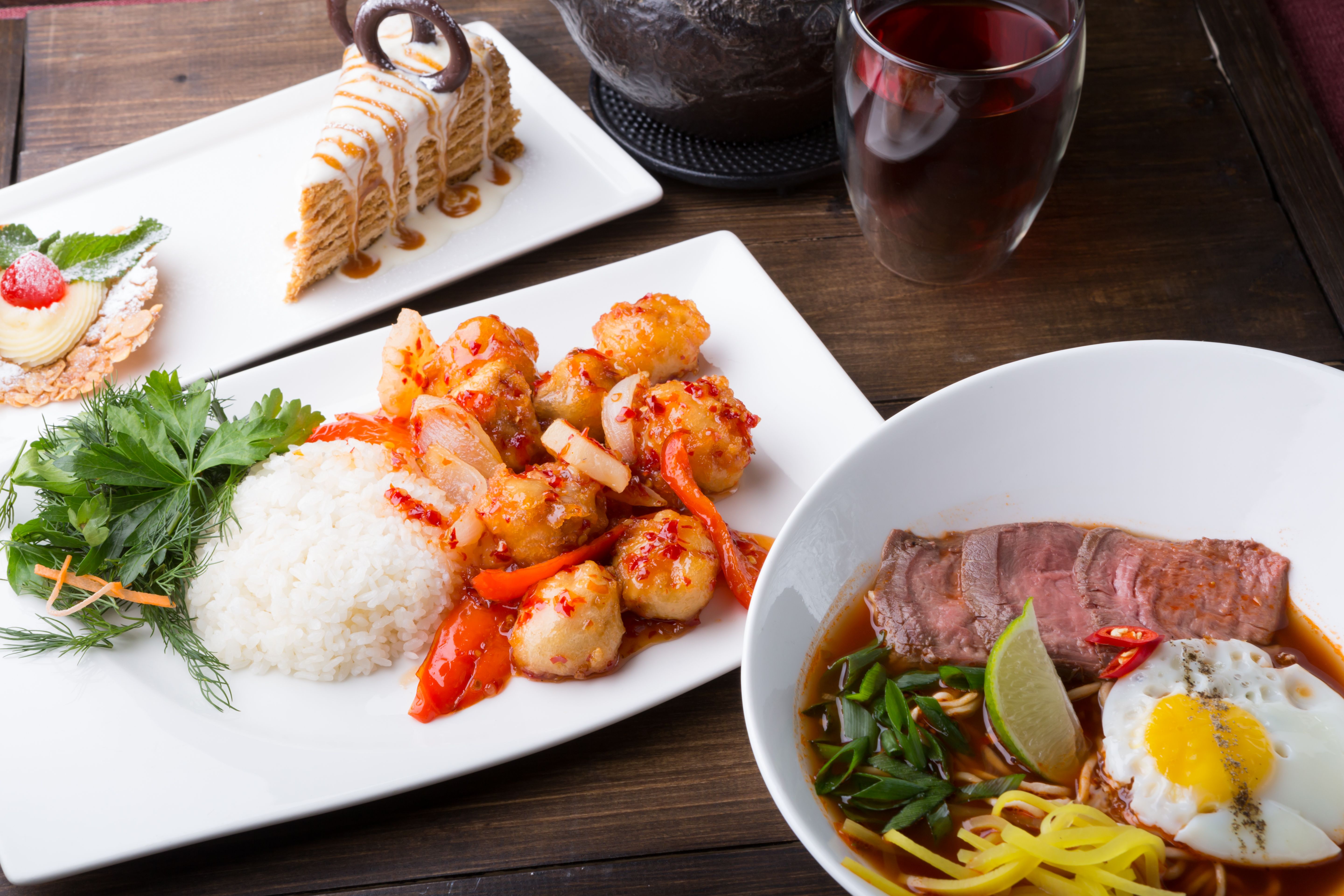 Asian lunch served on a wooden table Asian lunch served on a wooden table