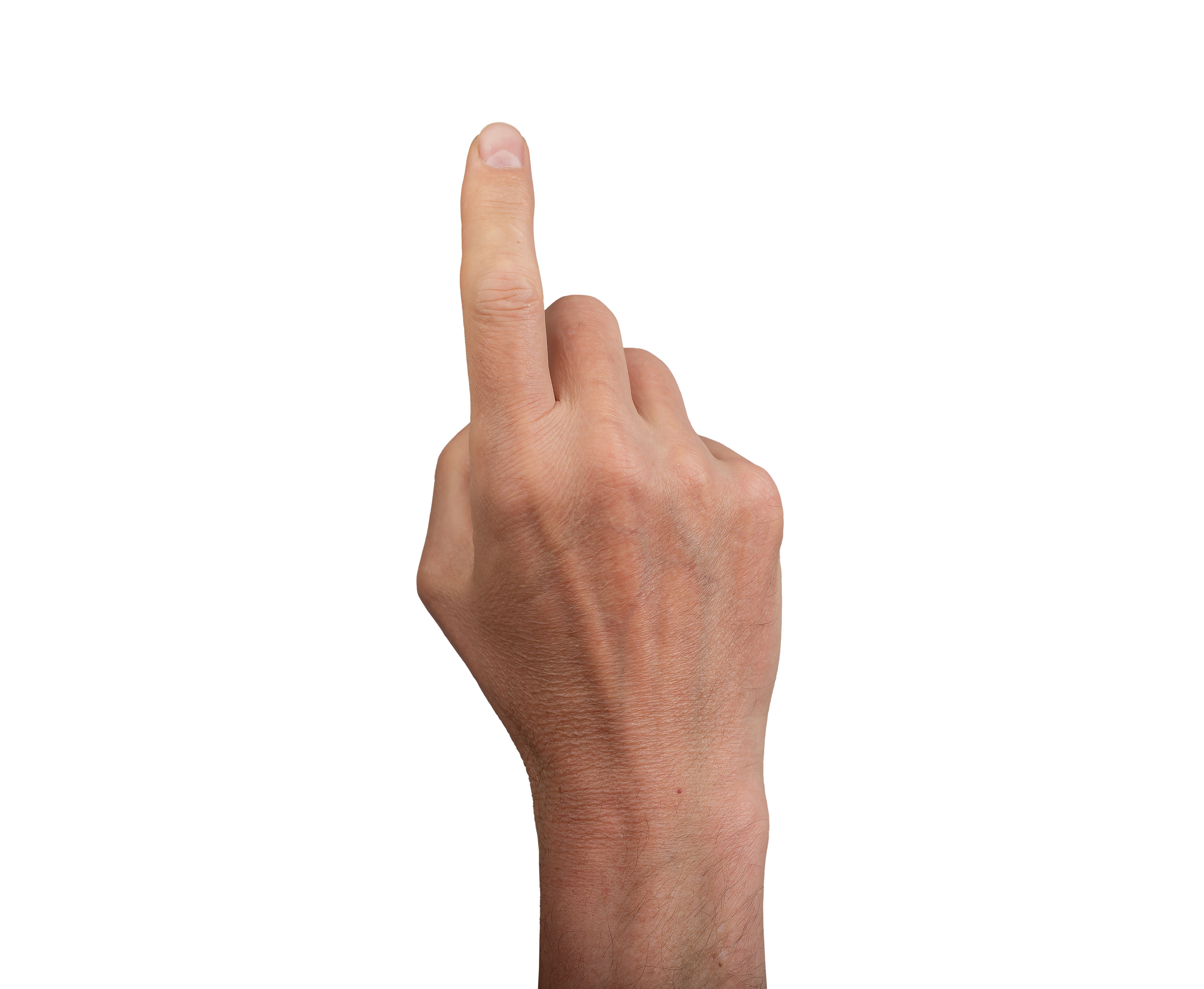 Hand pointing up with index finger, isolated on a white background. Ideal for concepts of touch, Hand pointing up with index finger, isolated on a white background. Ideal for concepts of touch,