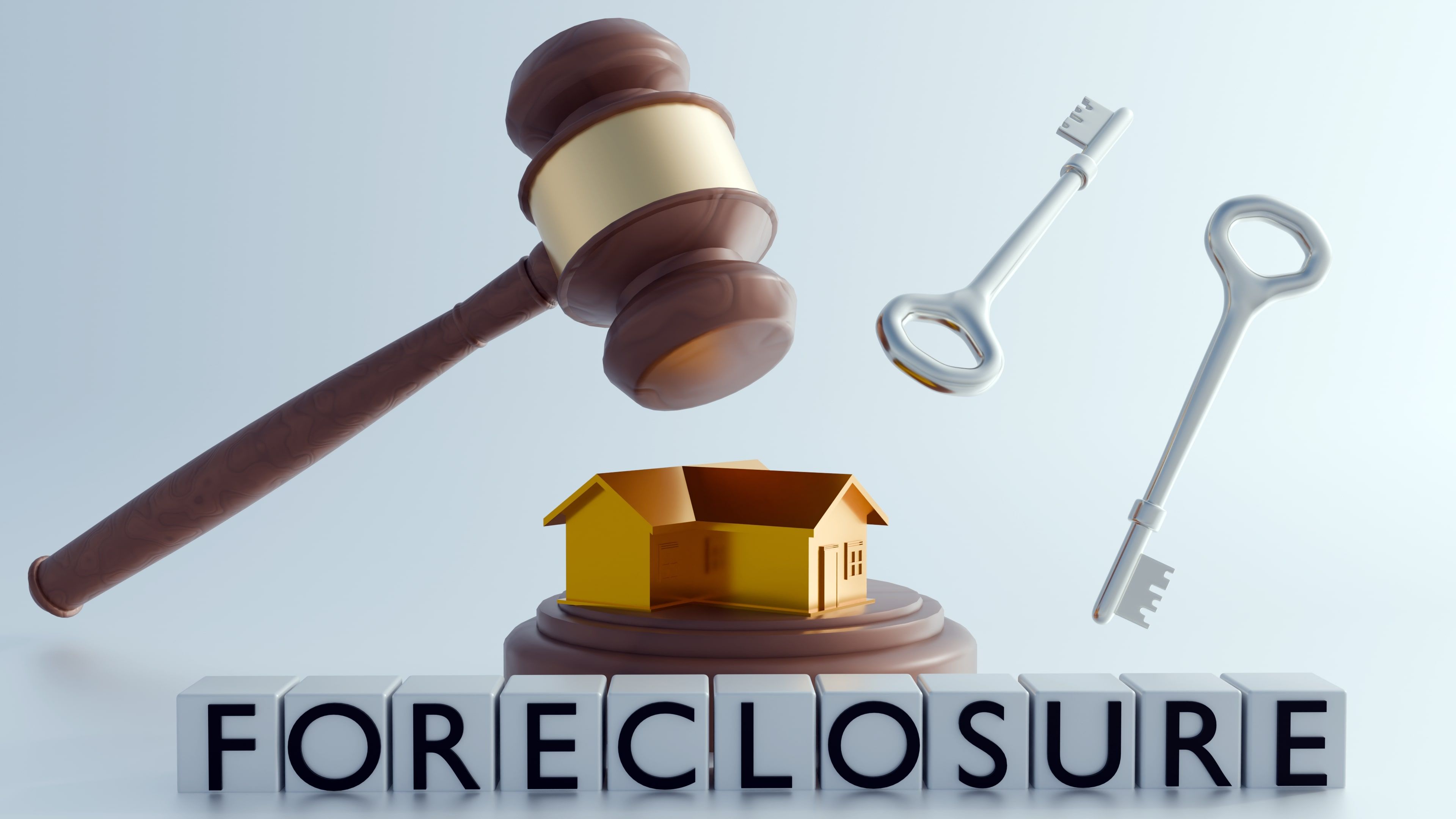 The word 'FORECLOSURE' as text elements on cube shapes, golden house and wooden gavel.