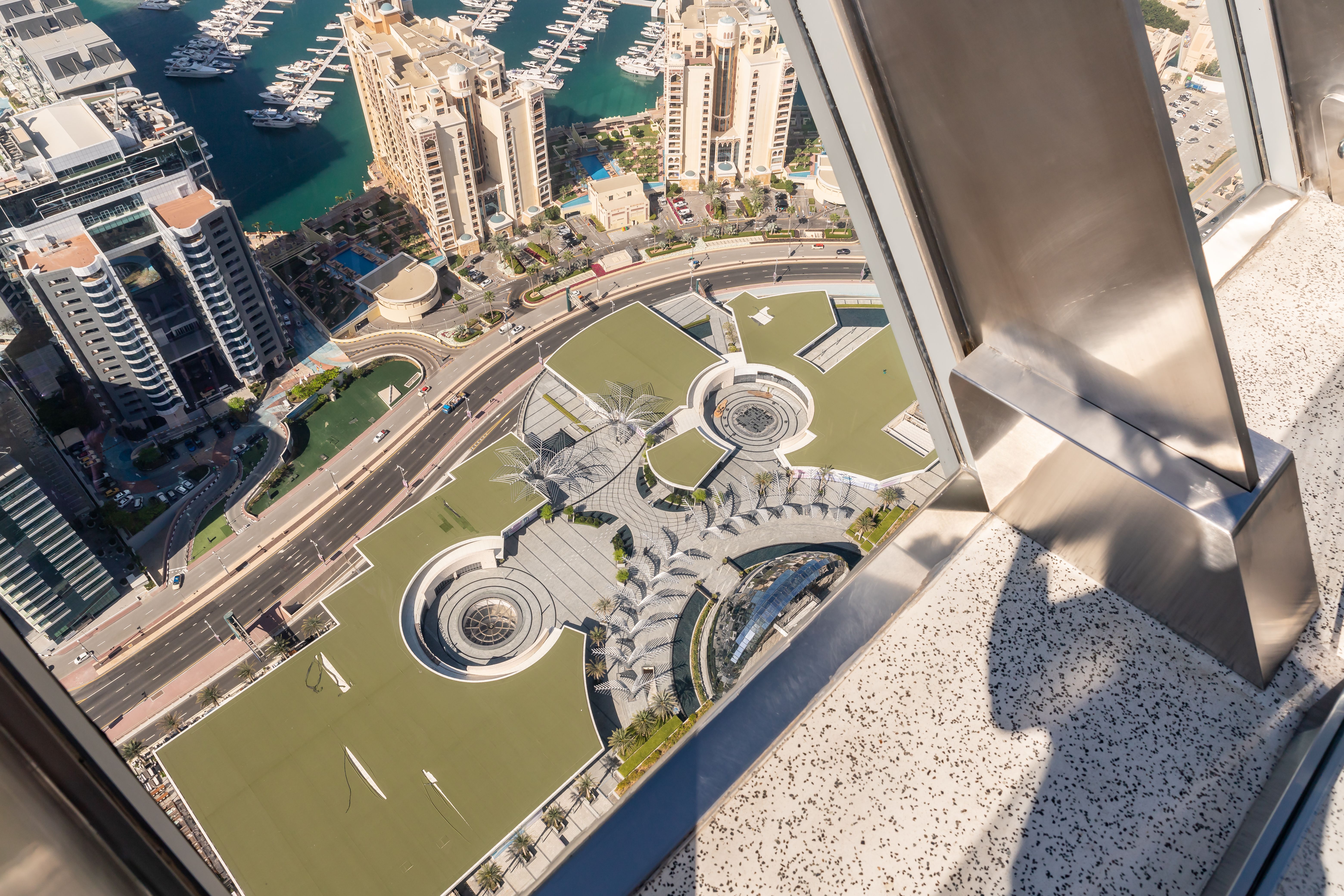 View from observation deck of the Nakheel Mall building to the Palm Jumeirah island in Dubai city, United Arab Emirates