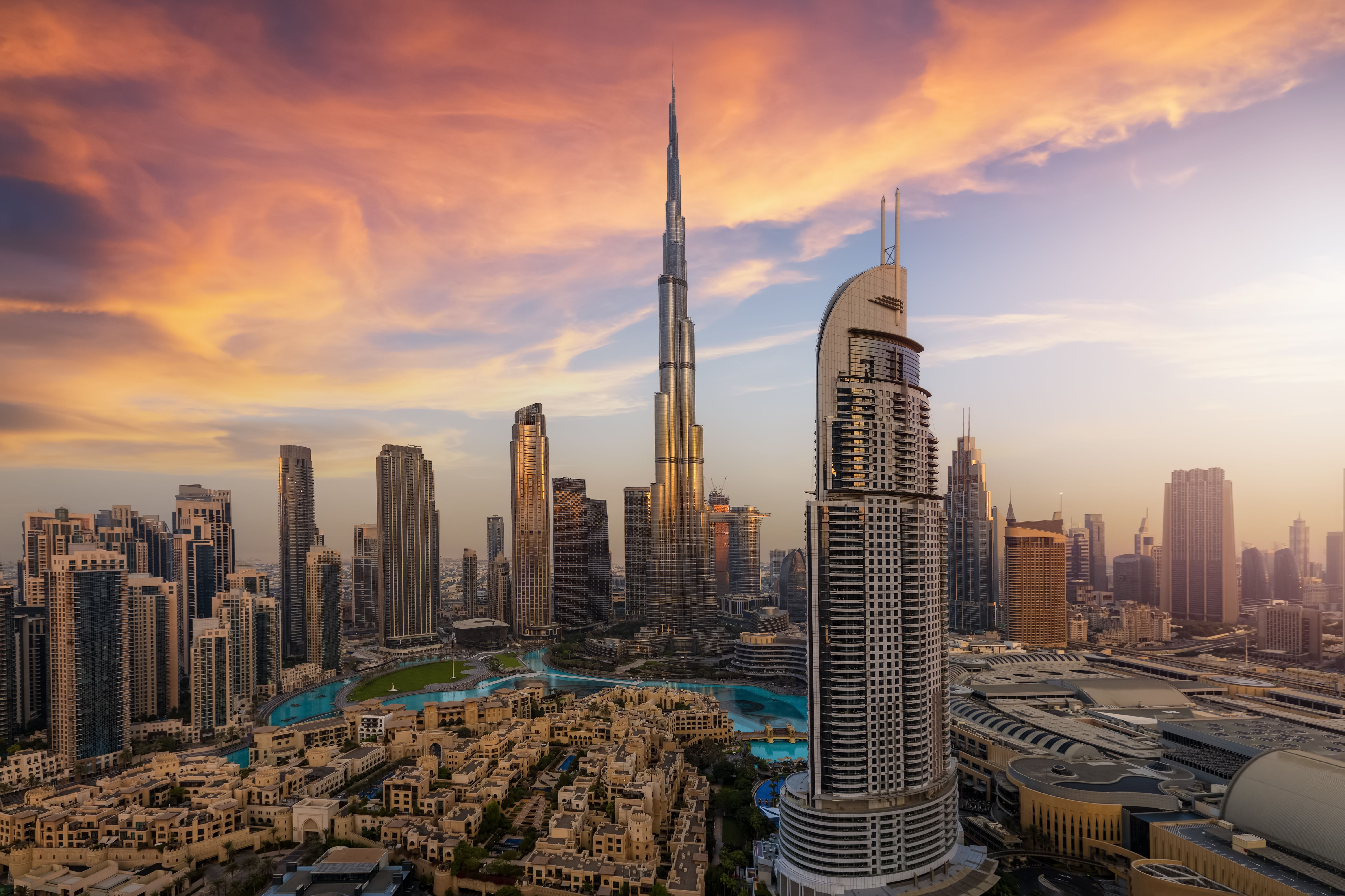 Panoramic sunrise view of the downtown district skyline of Dubai Panoramic sunrise view of the downtown district skyline of Dubai