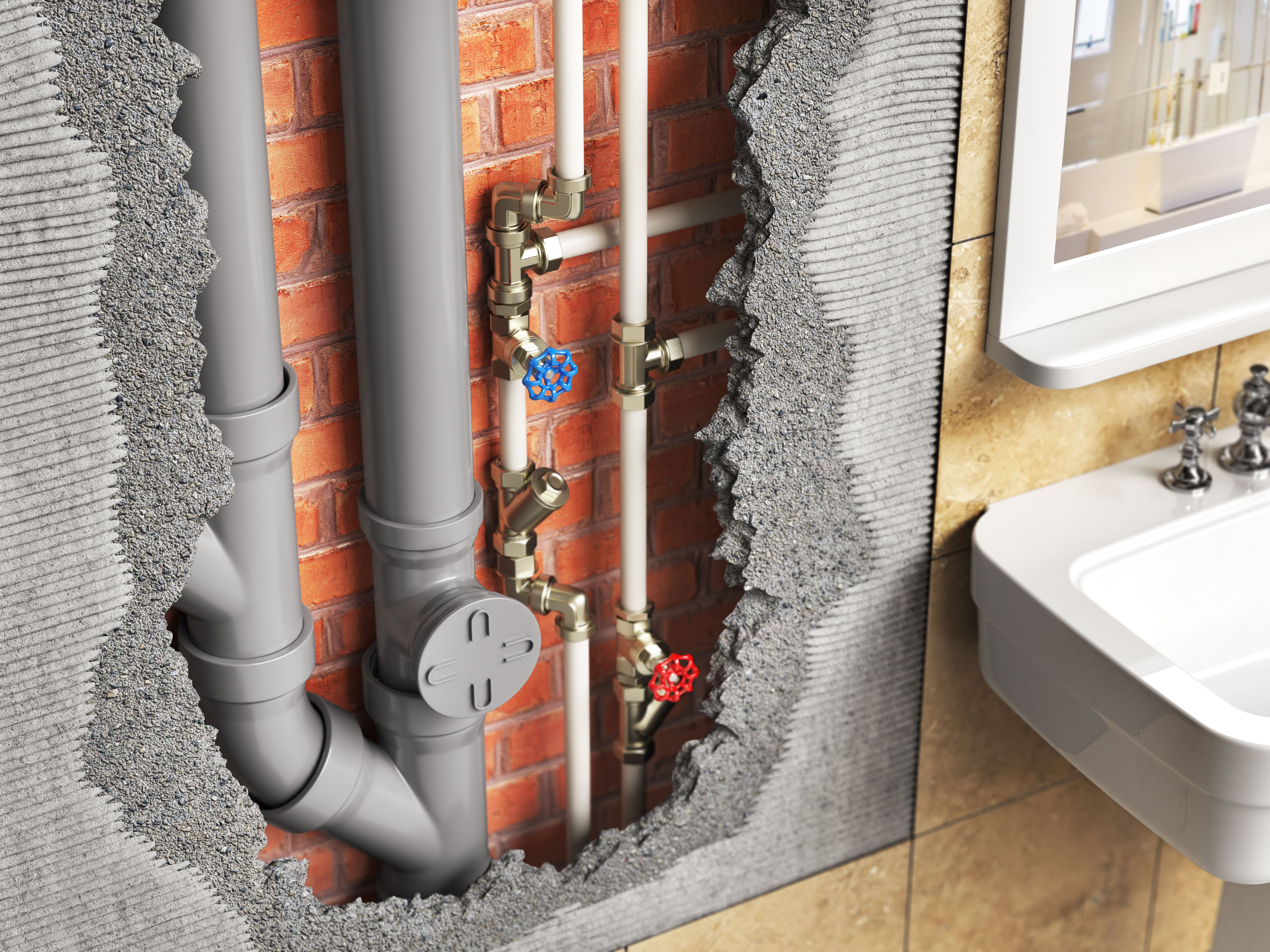 Plumbing in the wall. See wall layers. 3d illustration