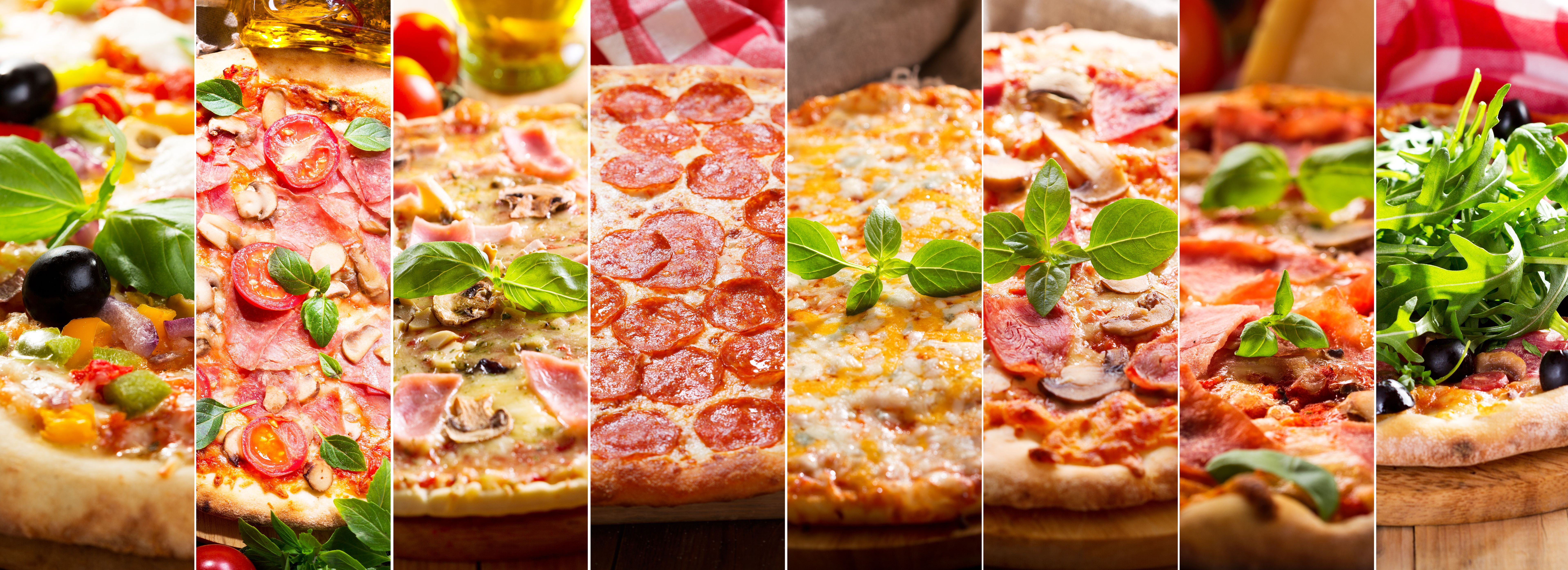 collage of various types of pizza