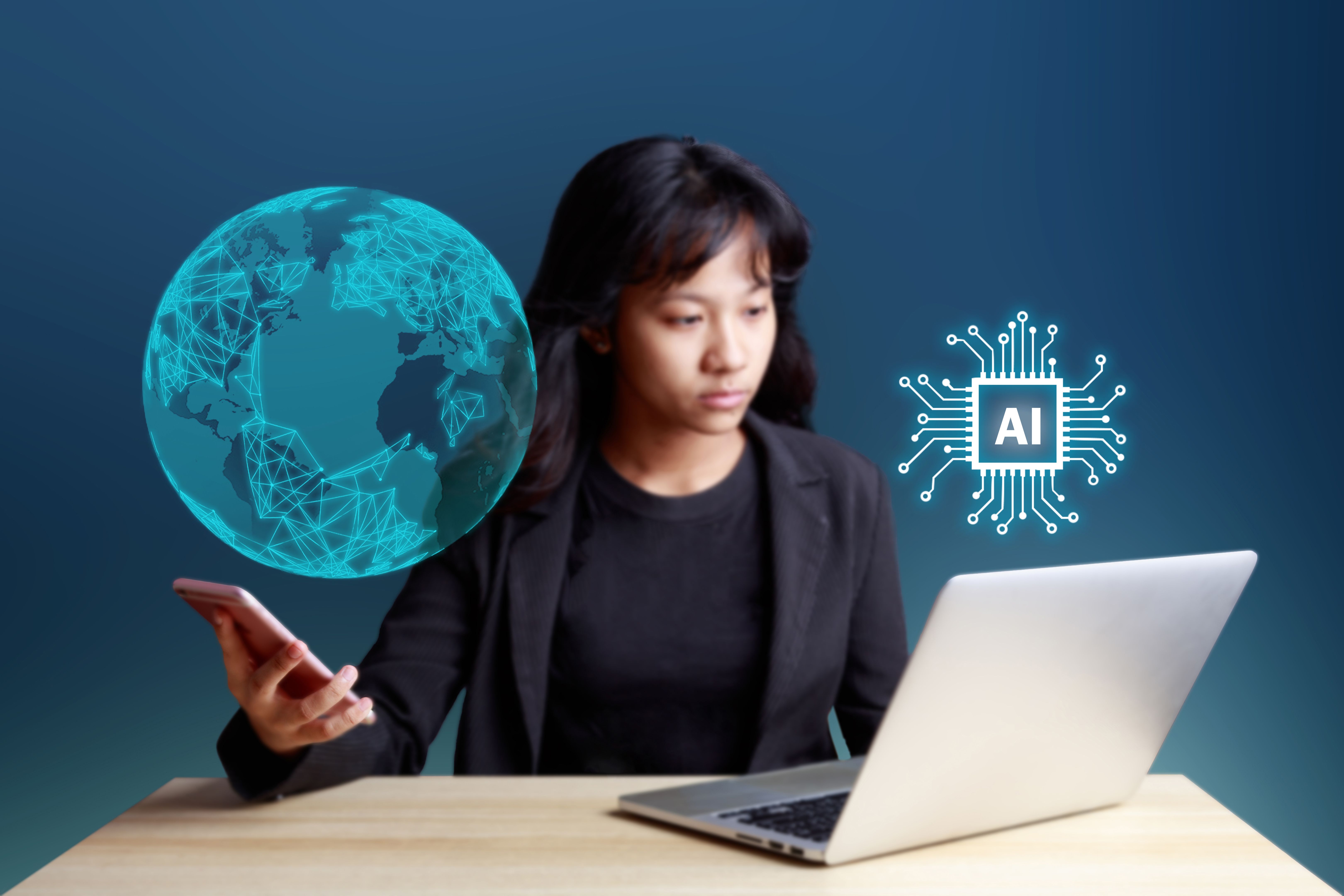 Business people use artificial intelligence AI technology planning strategy and business development by using a mobile smartphone on a global network technology