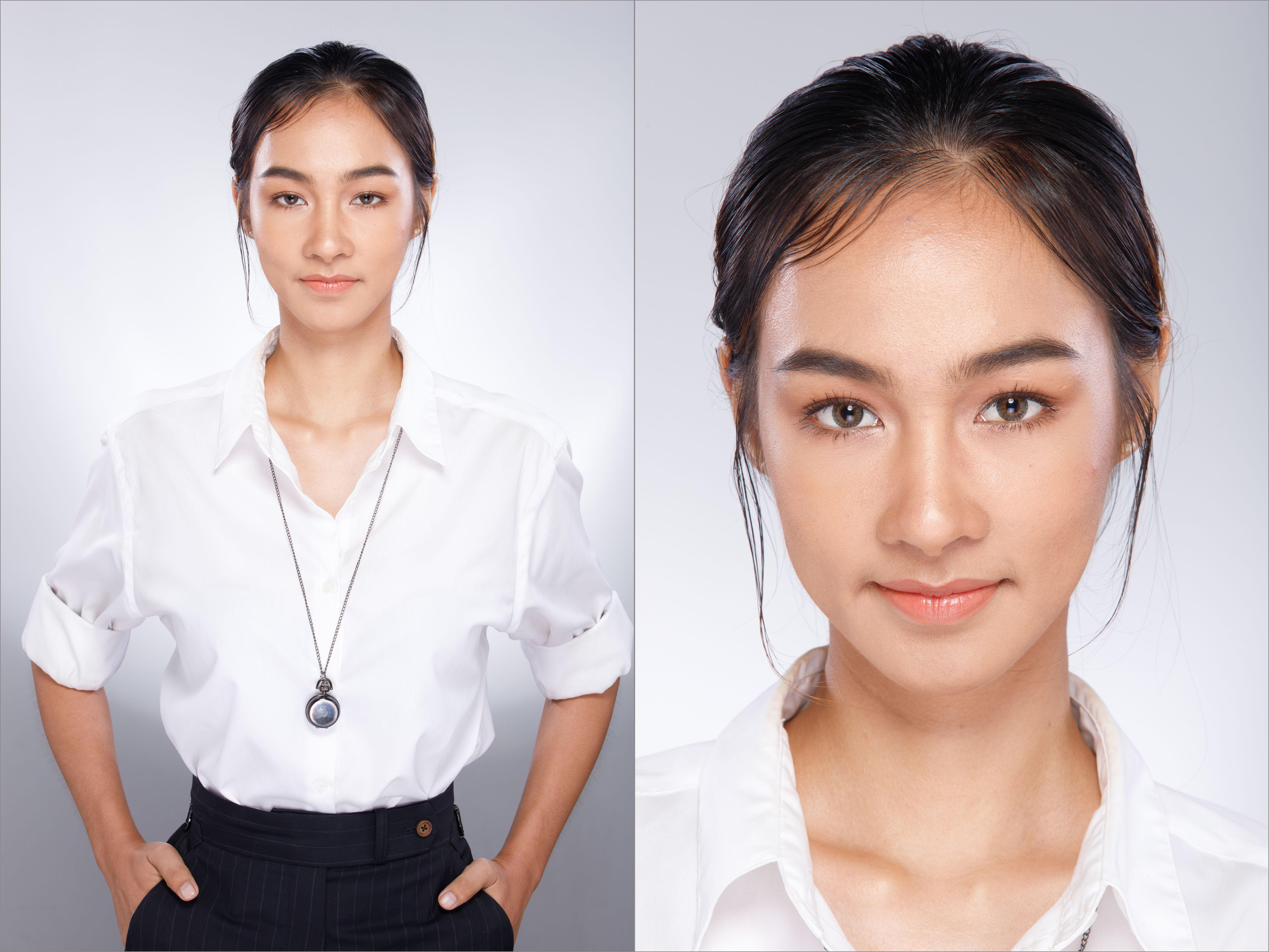 Asian Woman wear waistcoat white shirt as bartender career