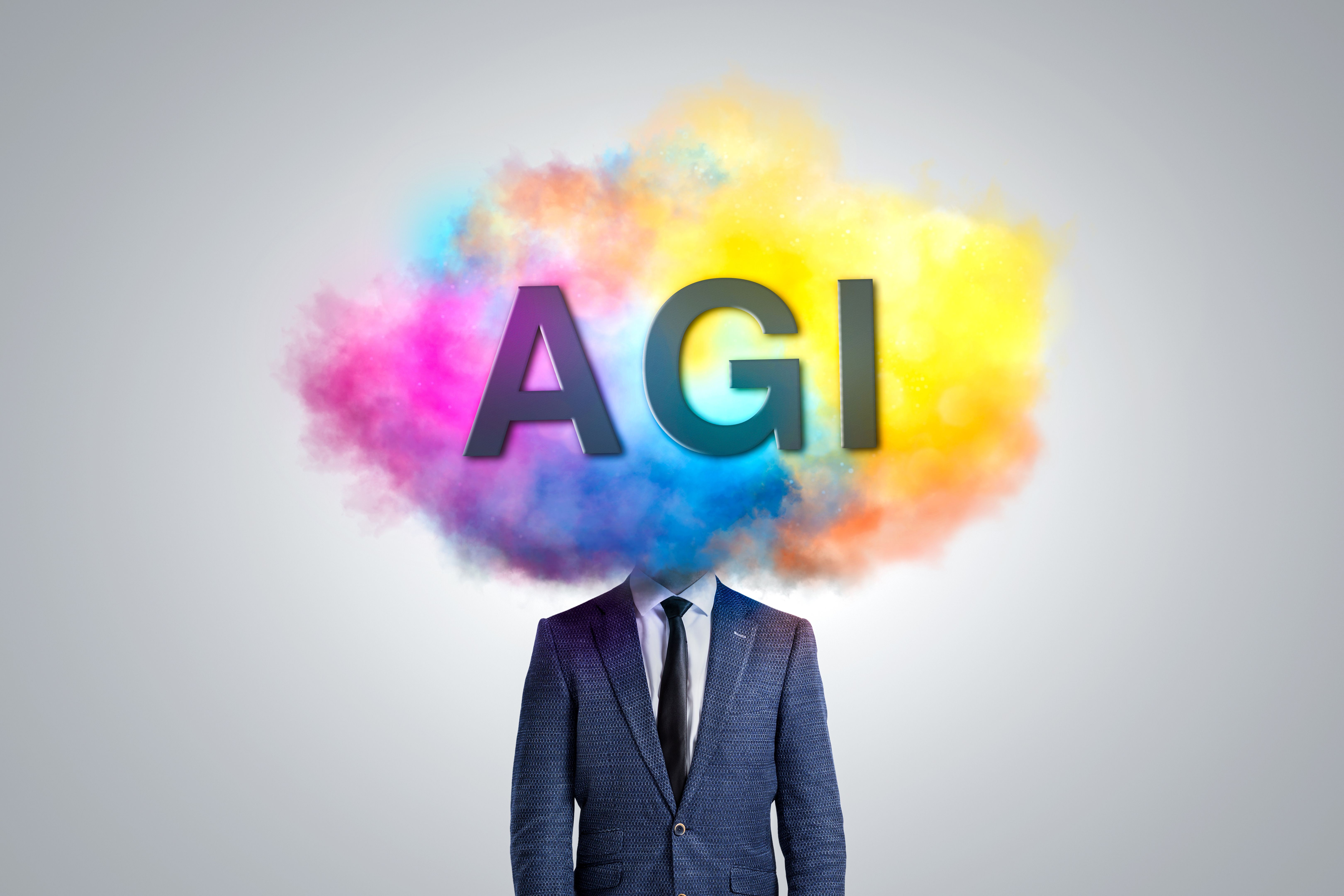 A Person's Head Covered in a Colorful Cloud Labeled AGI