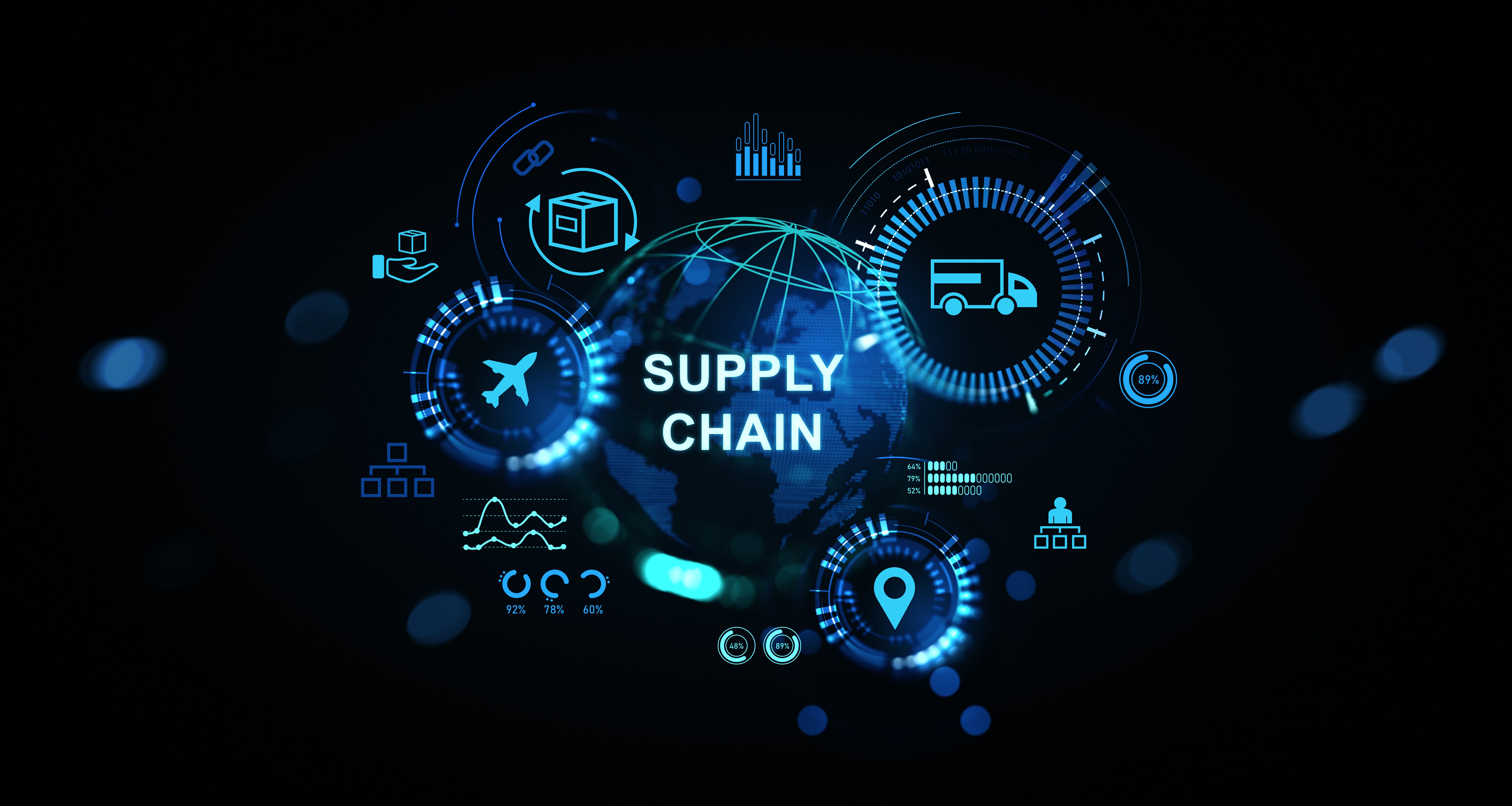 Futuristic supply chain hologram concept with logistics icons and digital elements on dark background representing global distribution network system. 3D Rendering