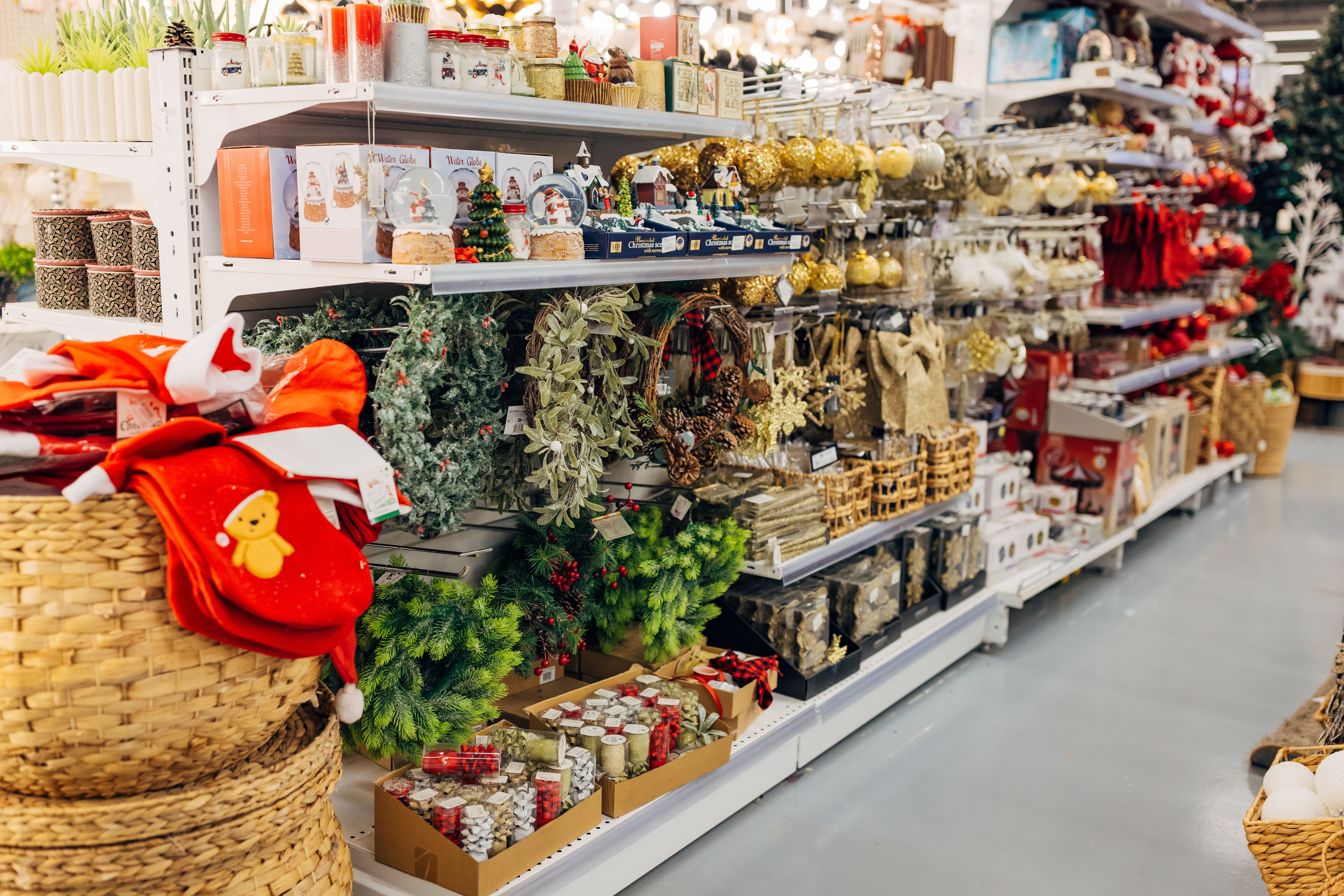 Christmas and New Year decorations on display in a department store, no people Christmas and New Year decorations on display in a department store, no people
