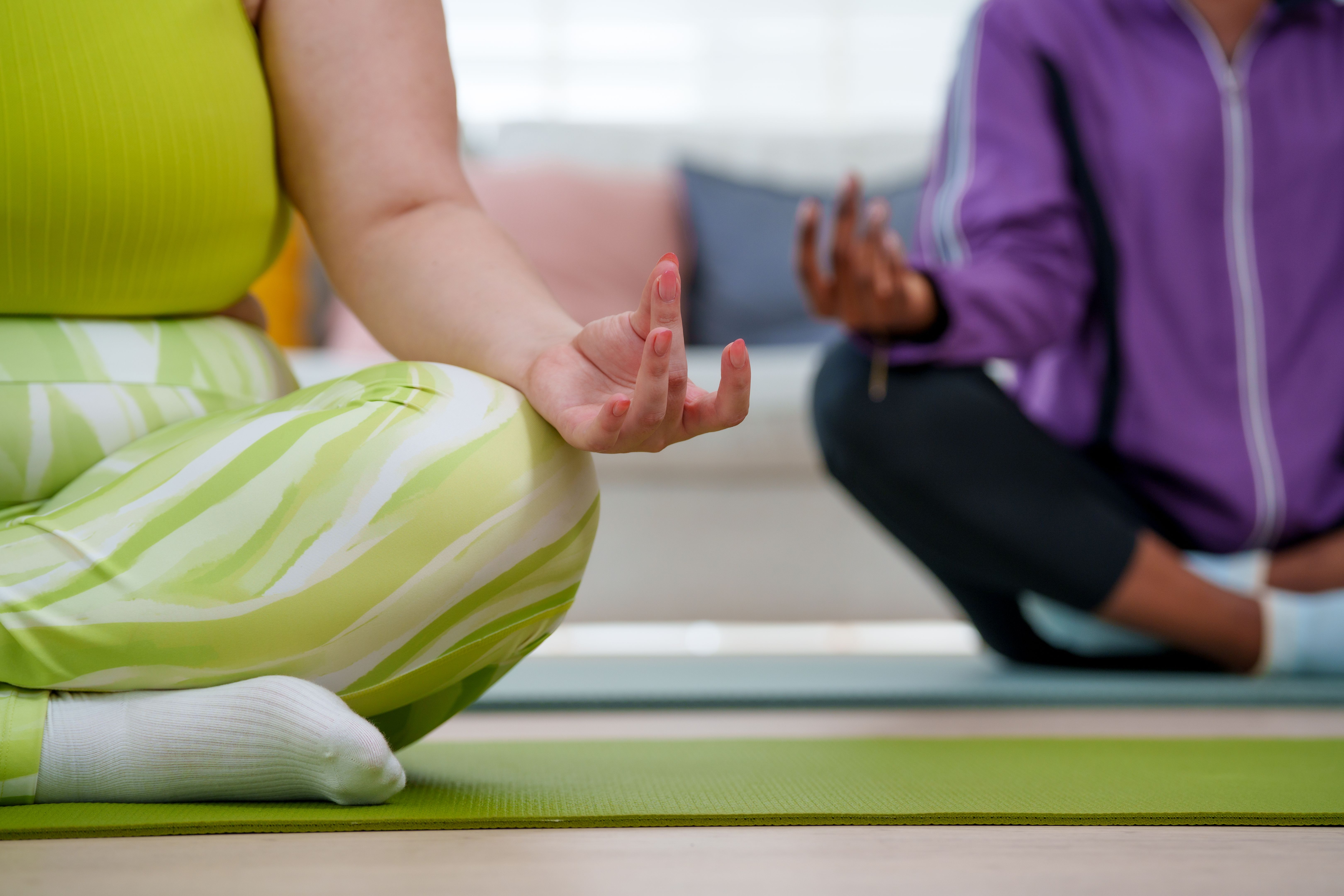 A close-up image of a diverse group of women: a white woman of average build and an African American woman meditating together in a bright and simple living room, taking a break from the digital world. A close-up image of a diverse group of women: a white woman of average build and an African American woman meditating together in a bright and simple living room, taking a break from the digital world.