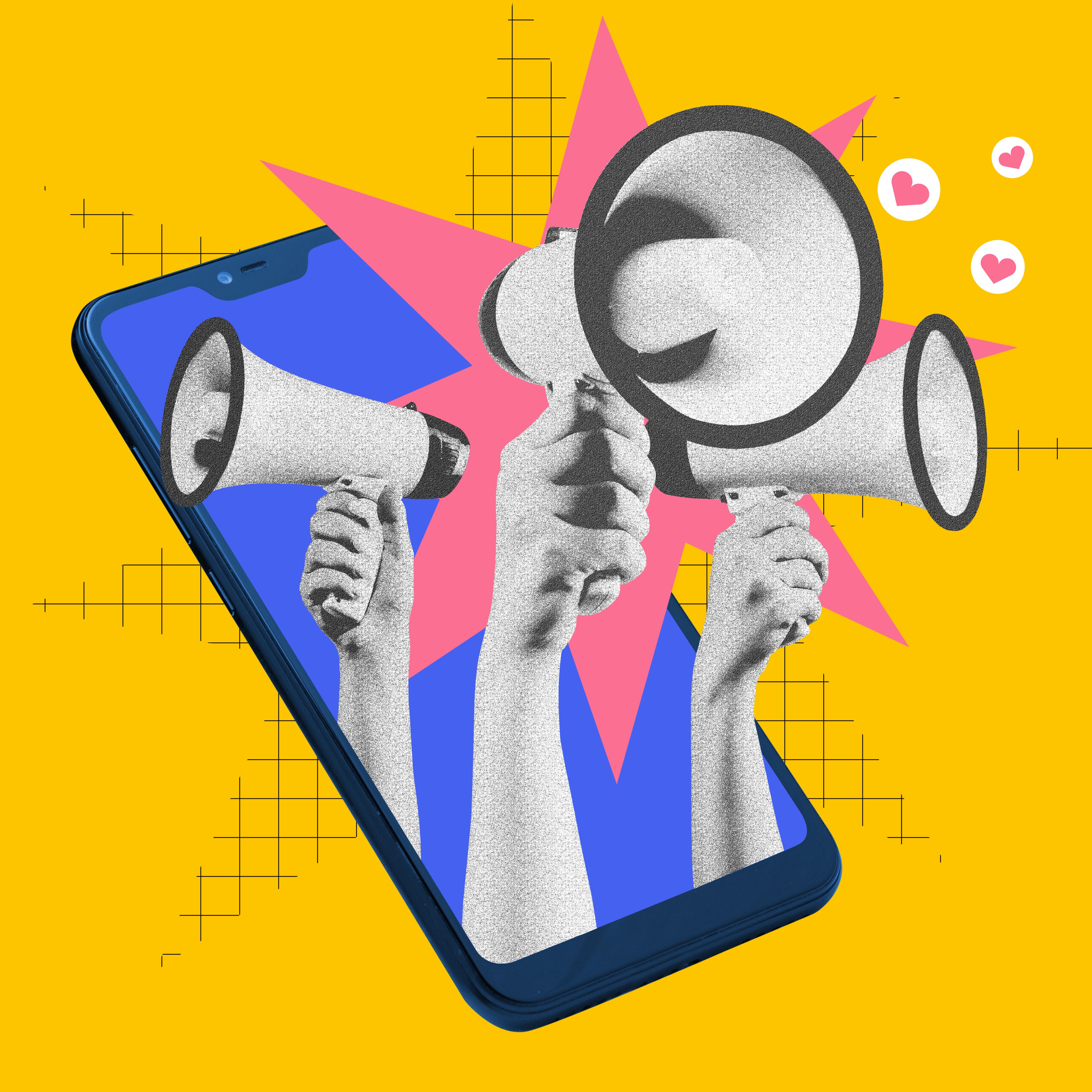 Hands with three megaphones stacking out phone screen symbolizing importance and relevance of usage social media for bran promotion. Contemporary art collage.