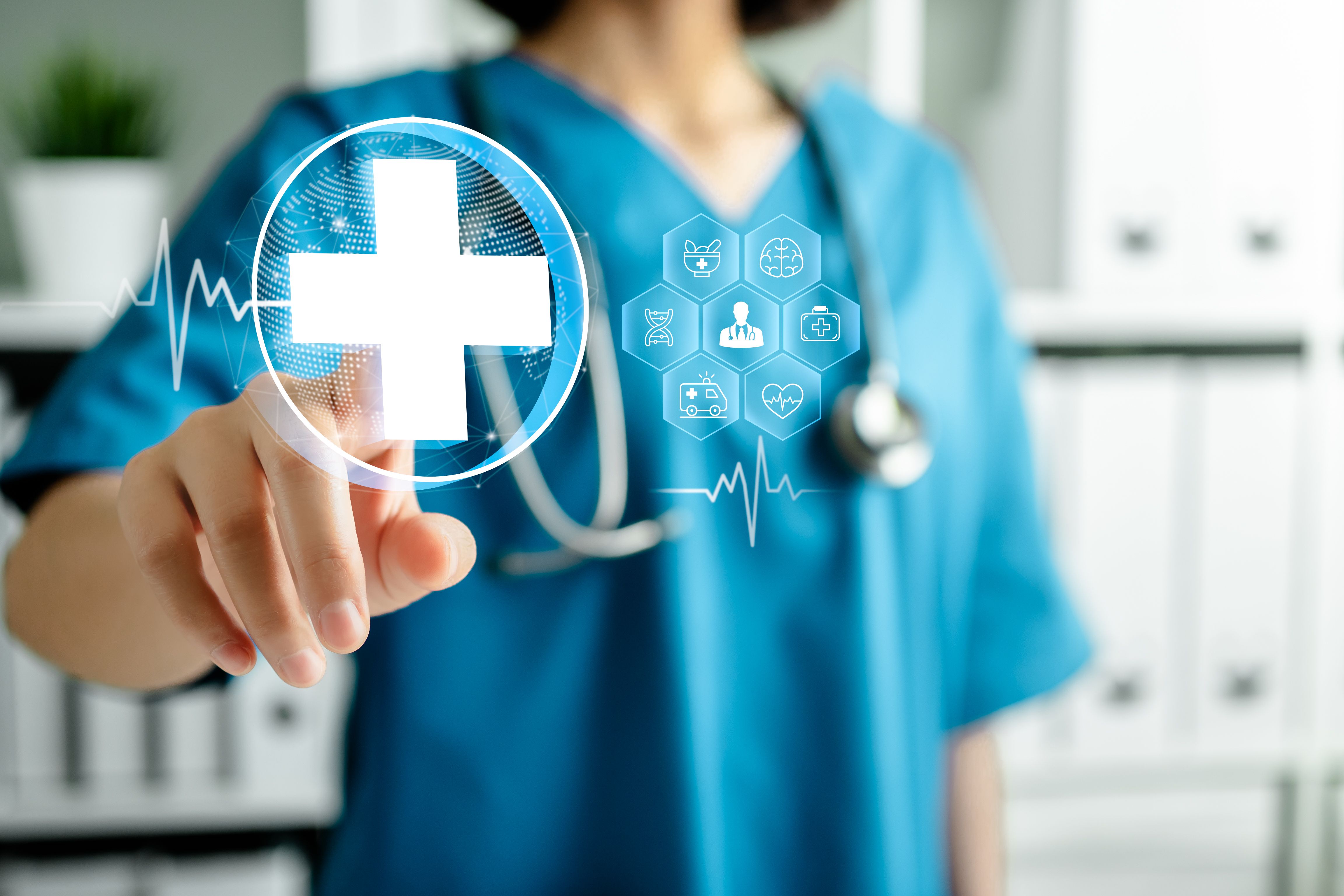 Medicine doctor touching medical symbol network connection interface 3D rendering interface virtual screen, digital healthcare and , medical technology and futuristic concept.