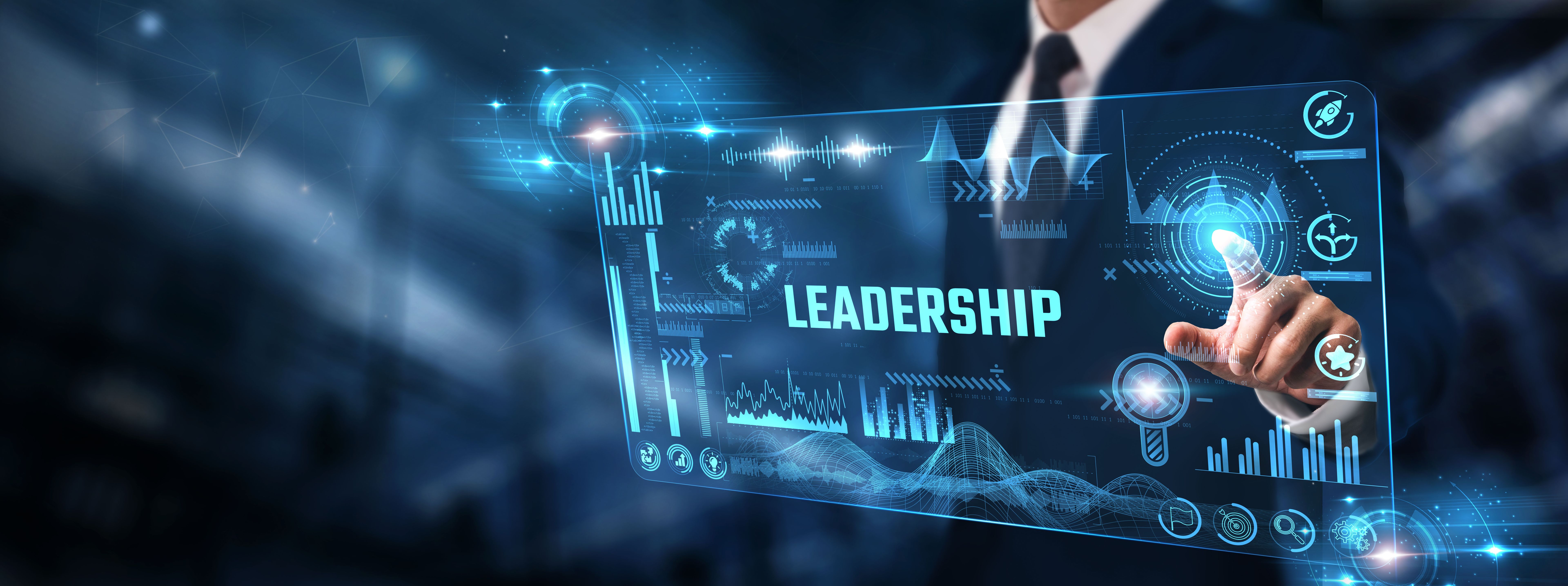 Leadership: Businessman analyzing digital screen of Graph data and decision-making, strategy development, team performance, goal setting, and organizational growth.