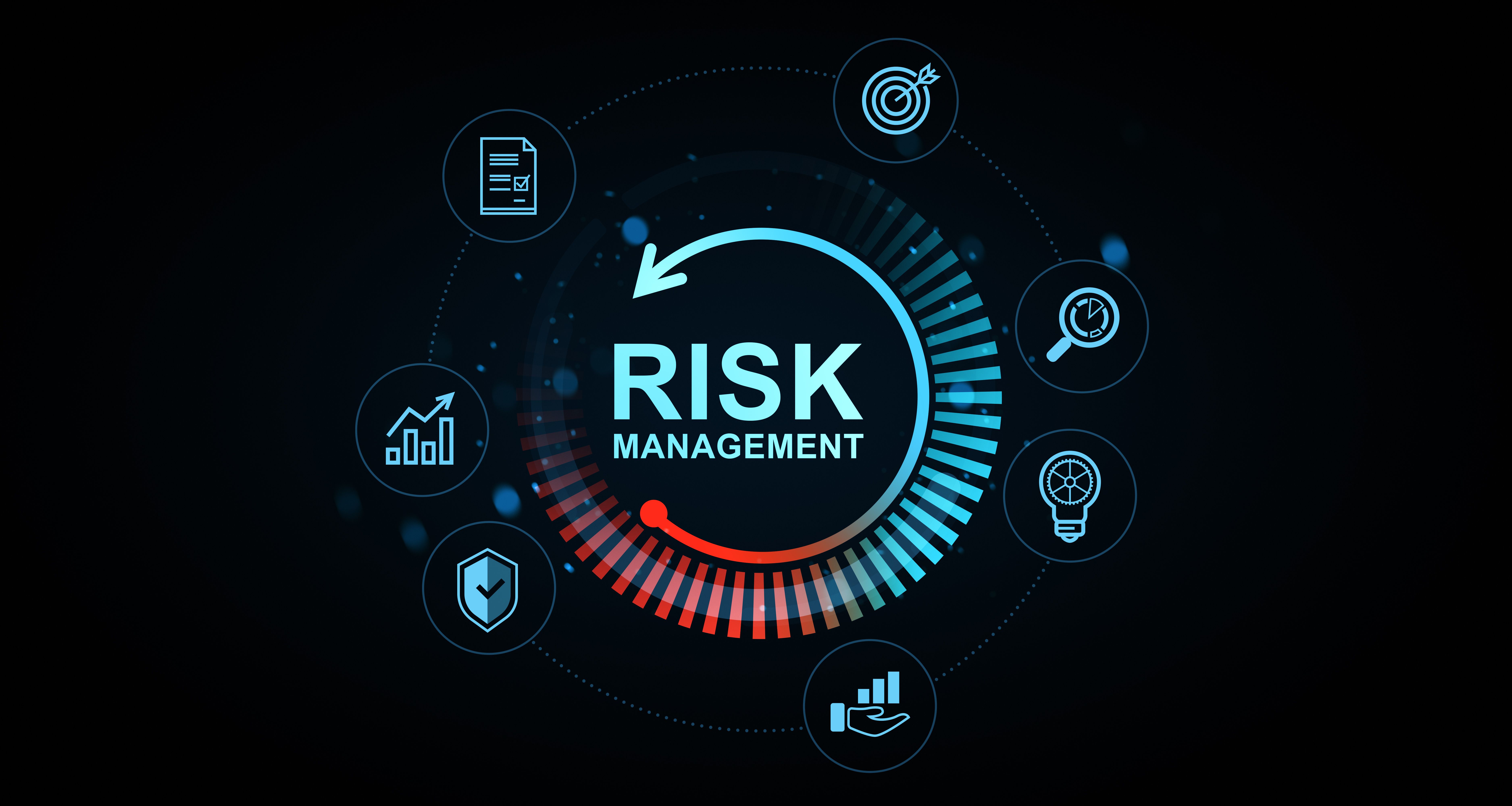 Risk management concept with futuristic infographic interface and strategy icons on dark digital background representing business analytics and protection. 3D Rendering