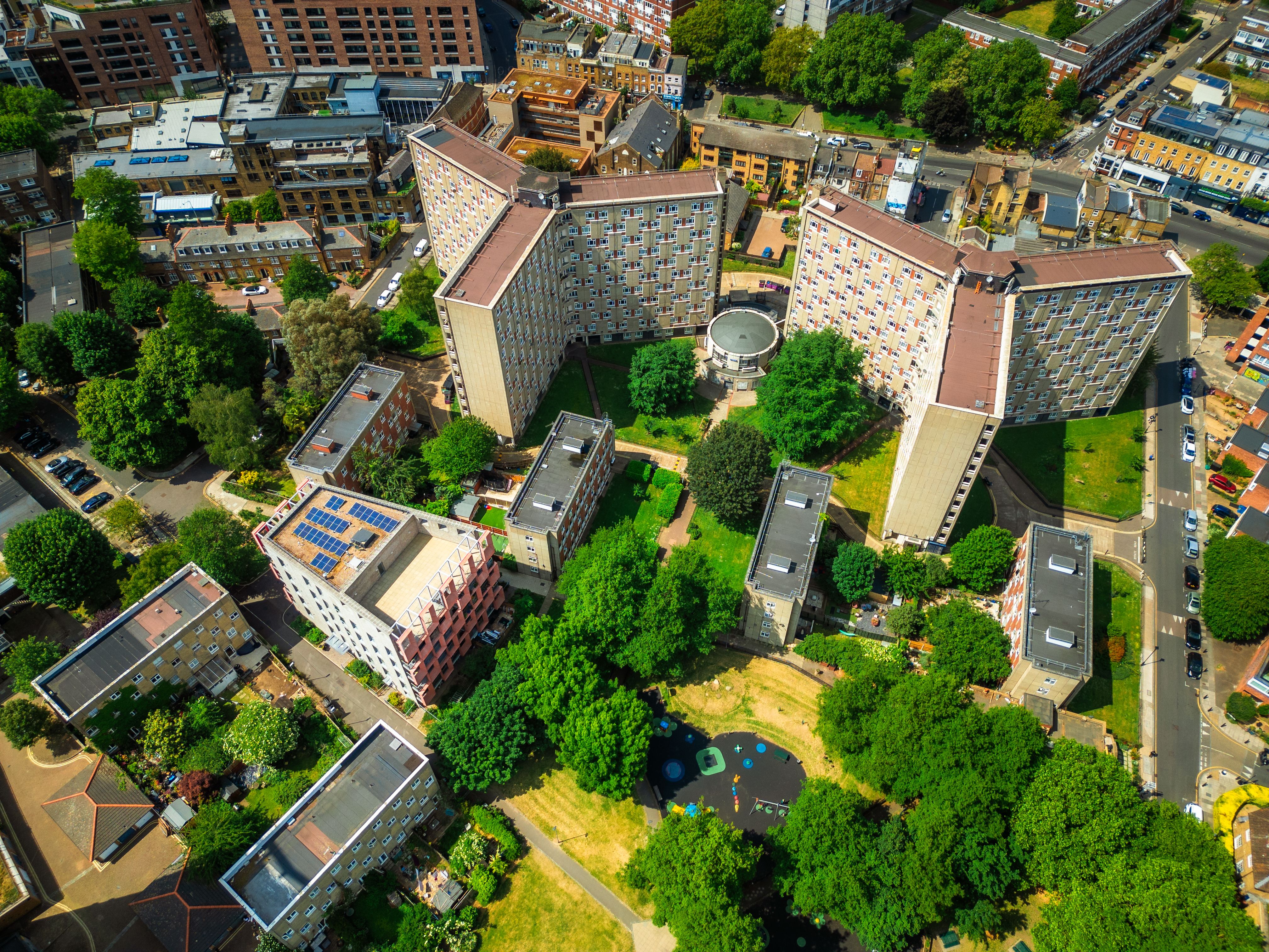 Aerial view over residential streets and apartment buildings of Hoxton in London, UK