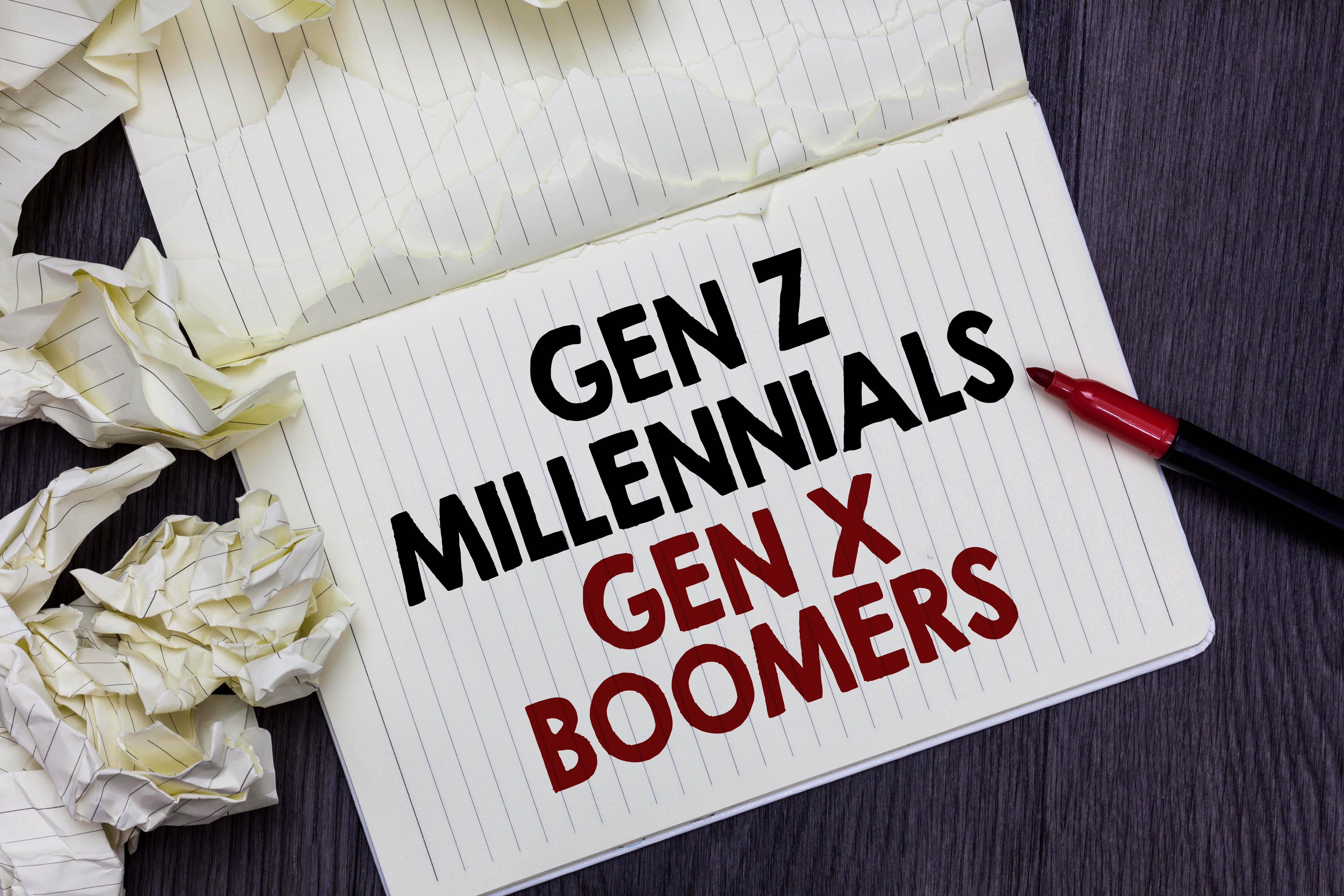 Writing note showing Gen Z Millennials Gen X Boomers. Business photo showcasing Generational differences Old Young people Marker over notebook crumpled papers pages several tries mistakes.