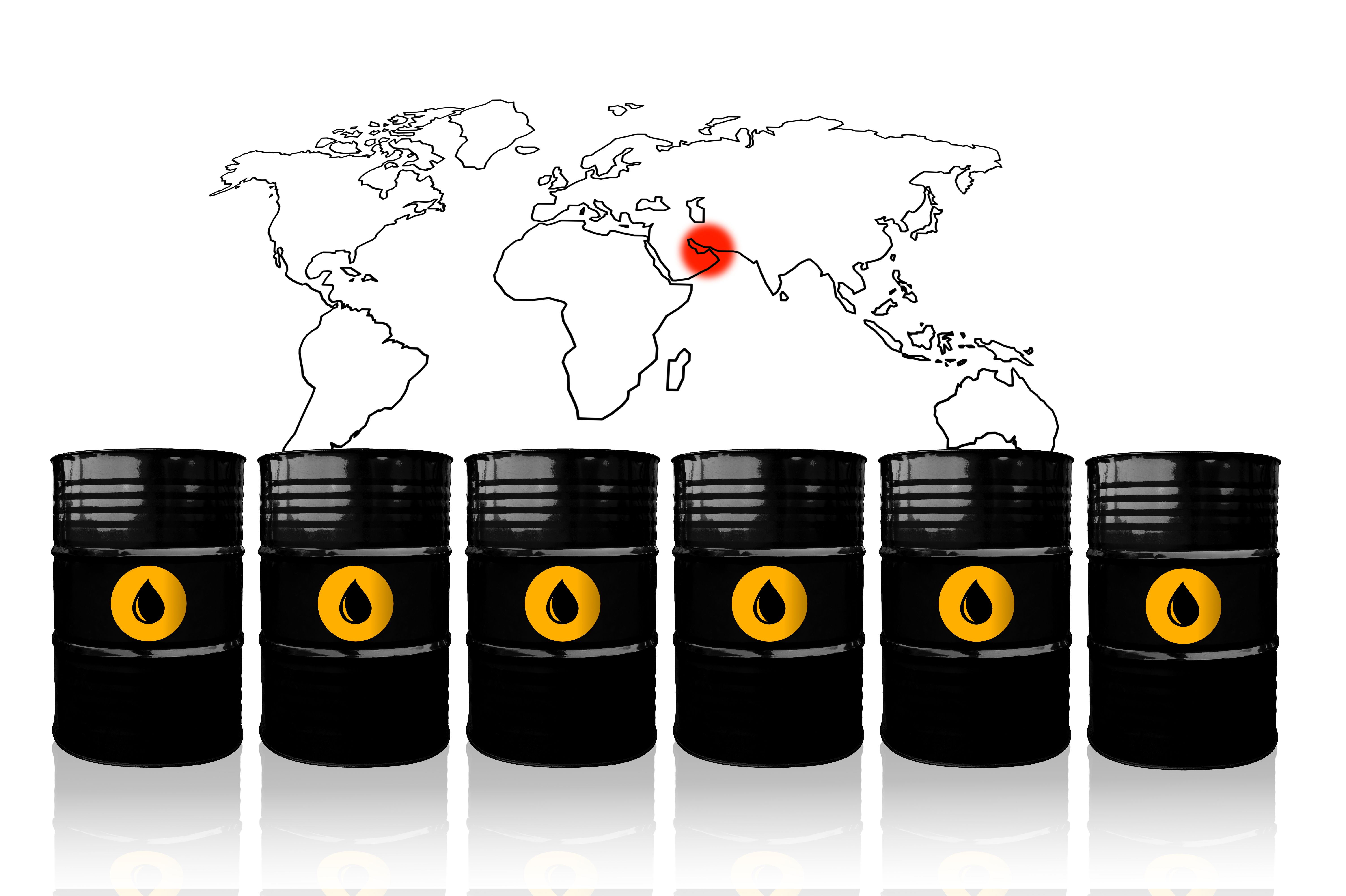 Crude oil prices go up. Crude oil barrels on a white background with world map. Strait of Hormuz blockade. Iran war with Israel and US. Tanker and other ships navigation and security problem