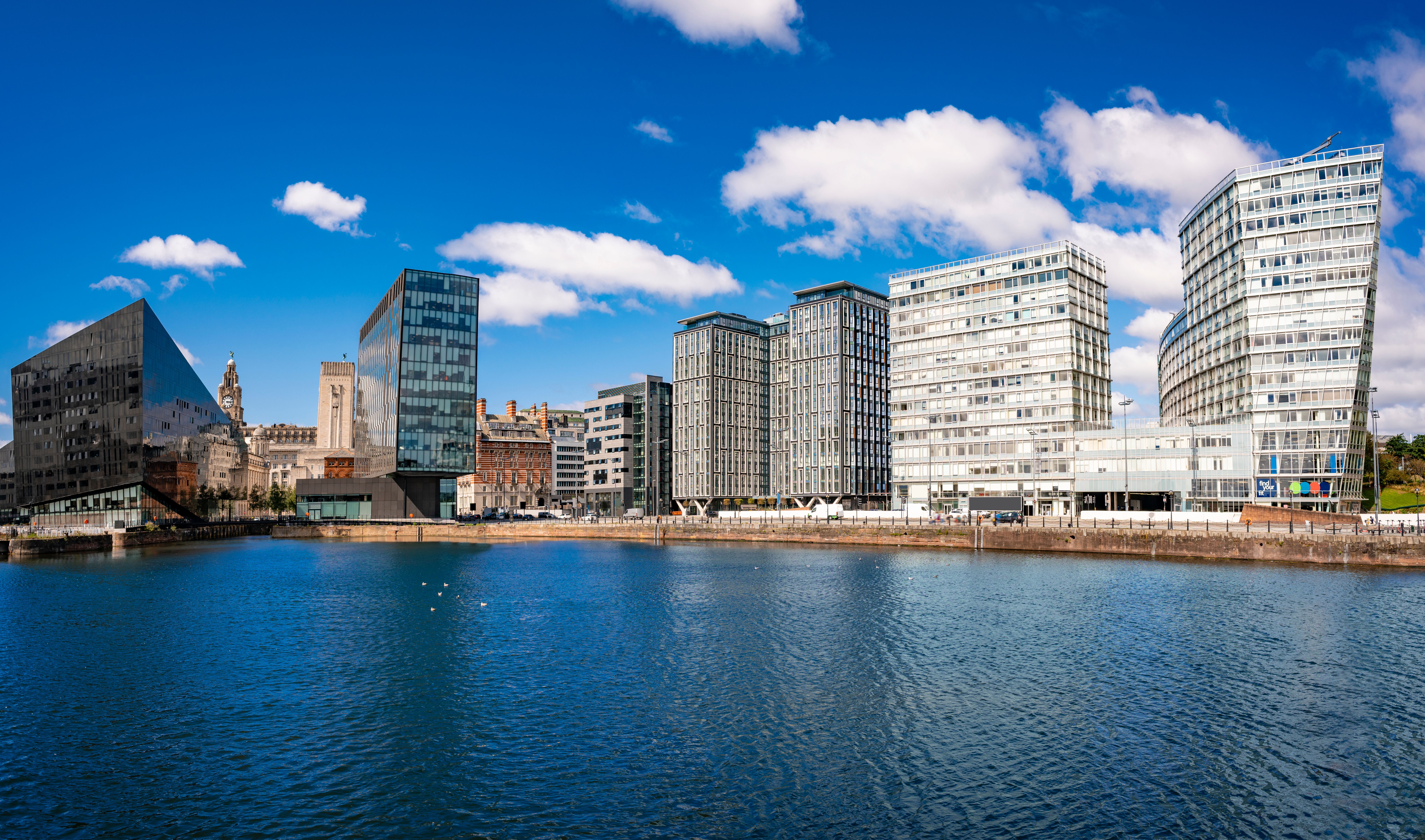Liverpool skyline from the Strand Street St in England UK Liverpool skyline from the Strand Street St in England UK