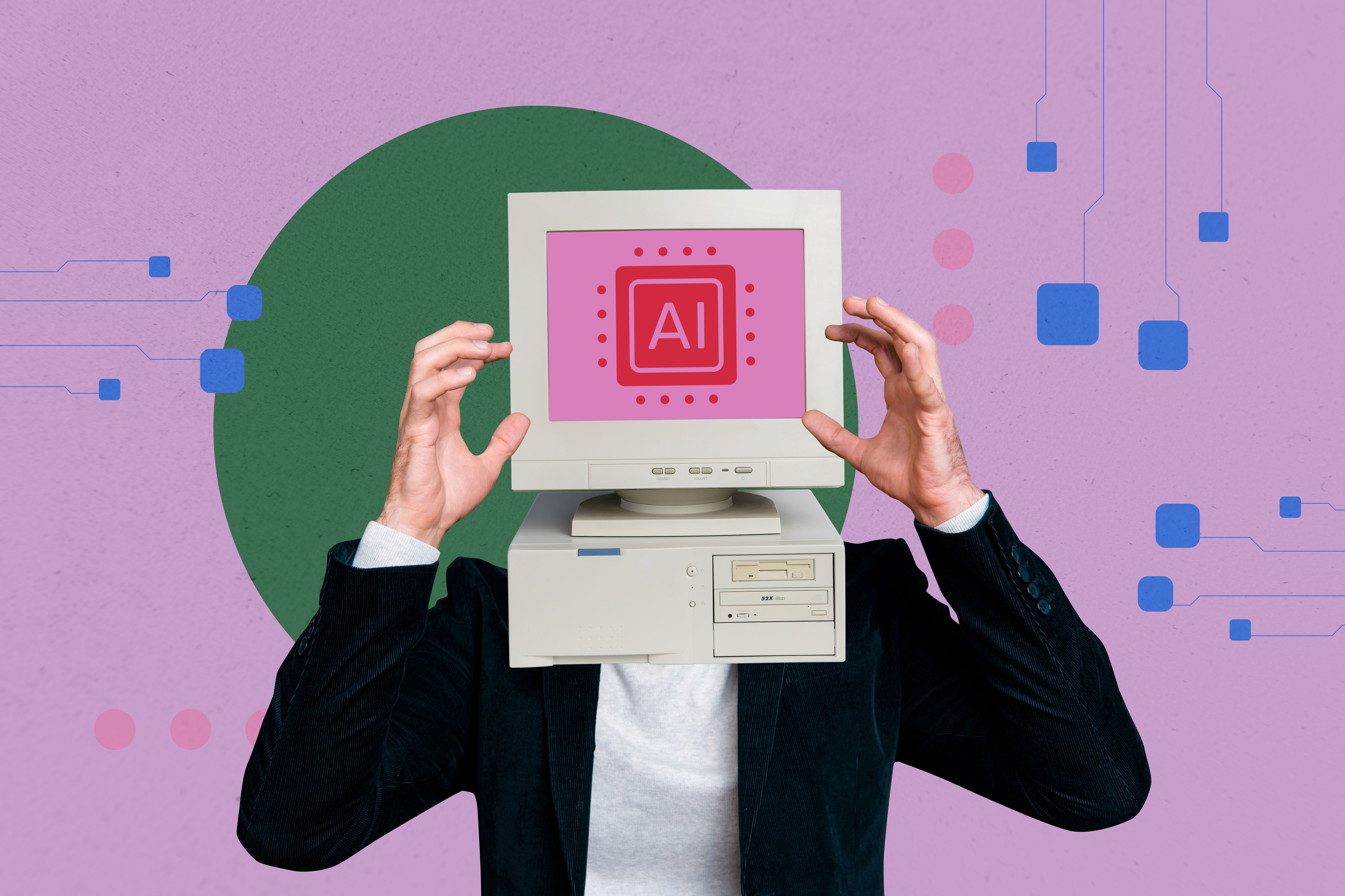 Composite trend artwork sketch image collage of businessman young man work internet computer monitor display head ai bot technology