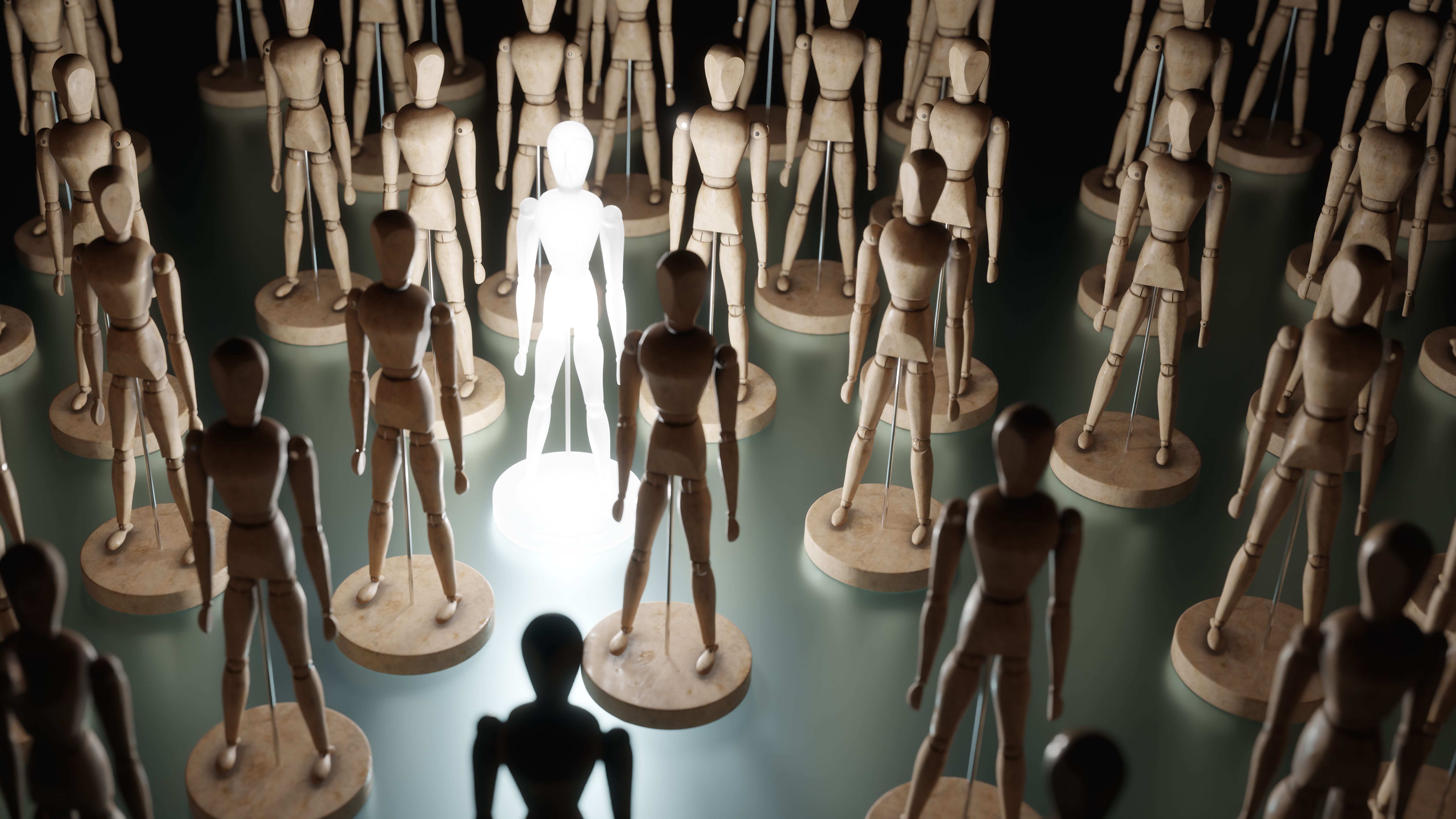 Illuminated Mannequin Among Wooden Figures