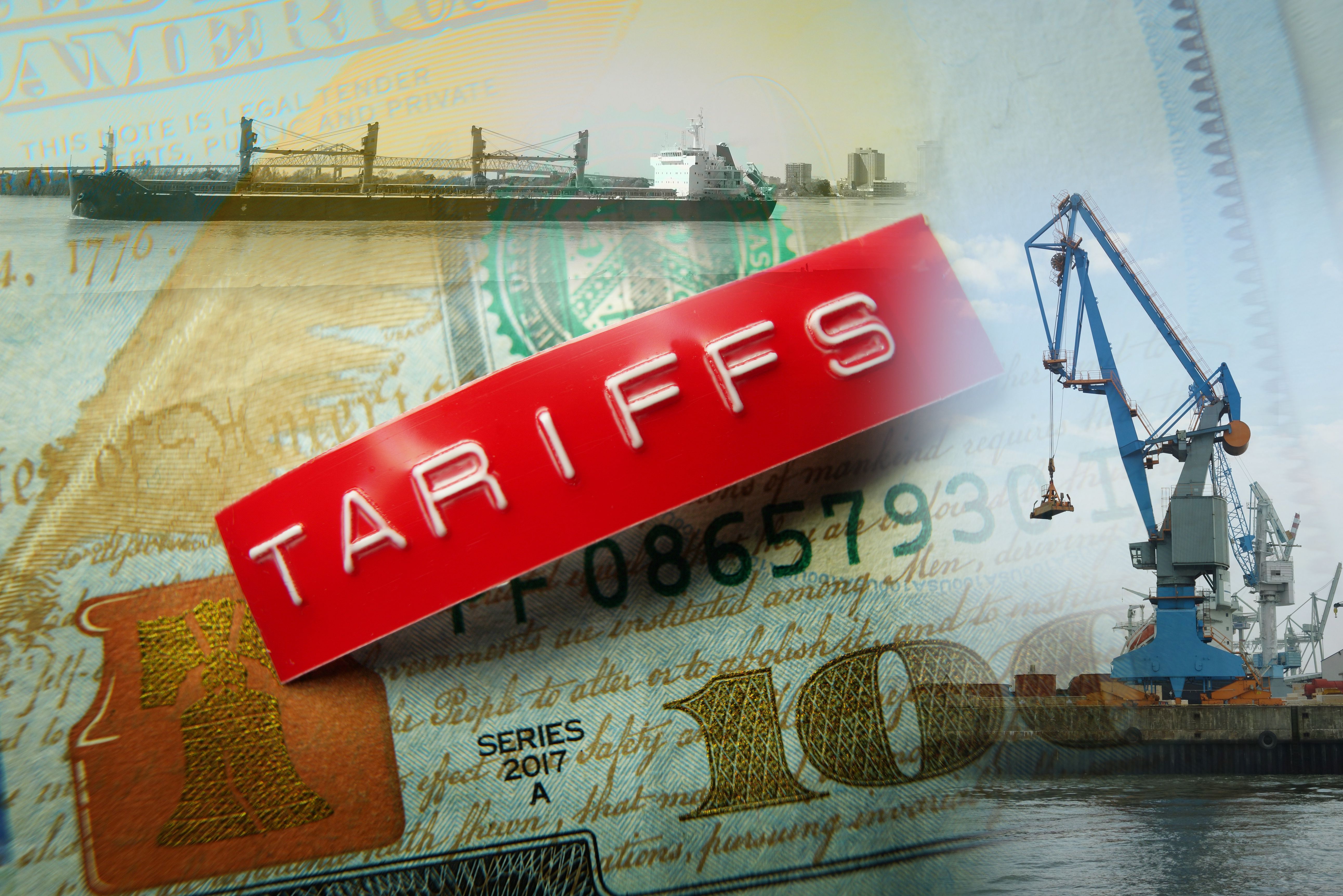 Tariffs label on a hundred dollar bill and shipping port images Tariffs label on a hundred dollar bill and shipping port images