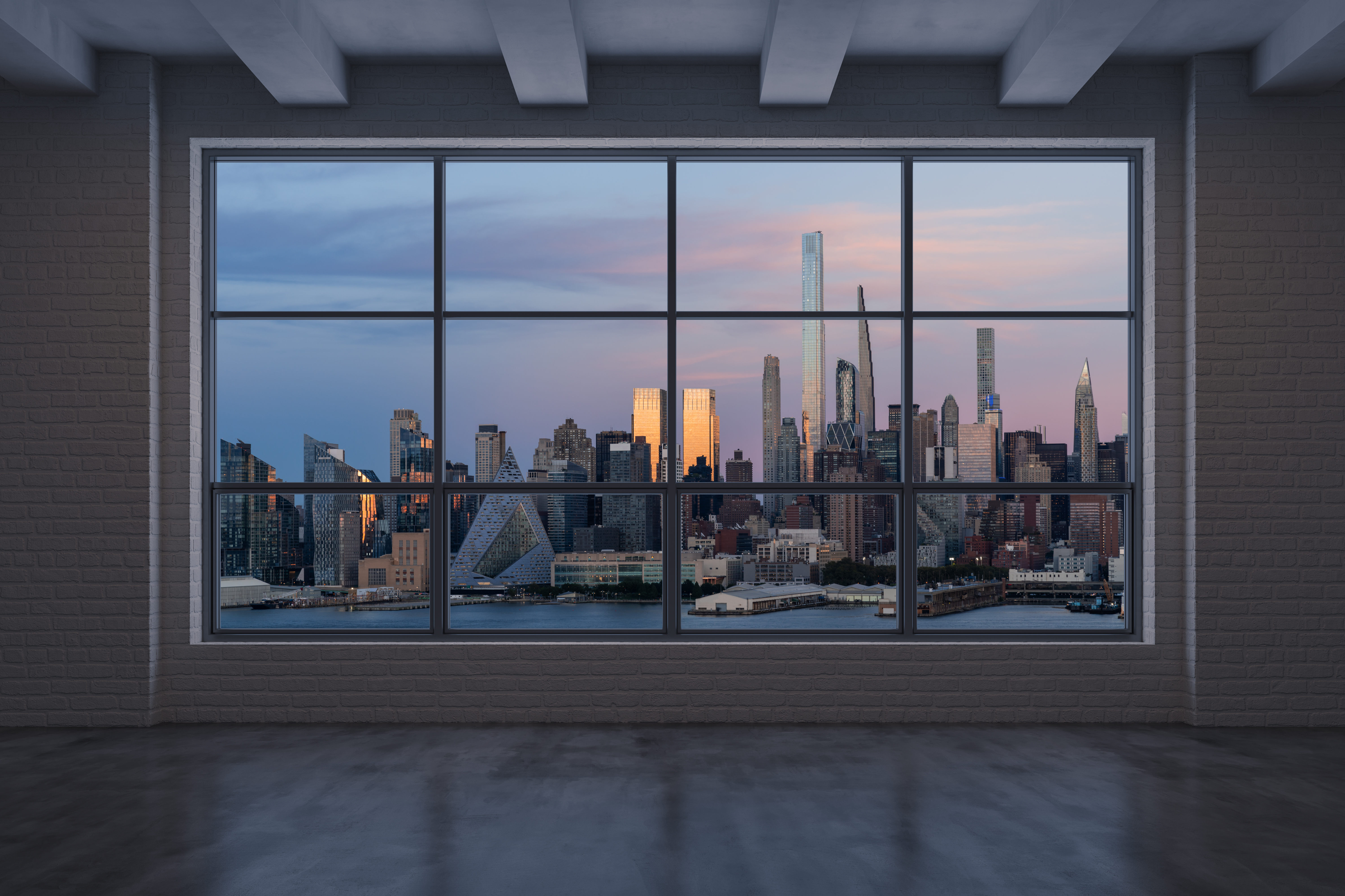 Midtown New York City Manhattan Skyline Buildings from High Rise Window. Beautiful Expensive Real Estate. Empty room Interior Skyscrapers View Cityscape. Sunset West Side. 3d rendering.
