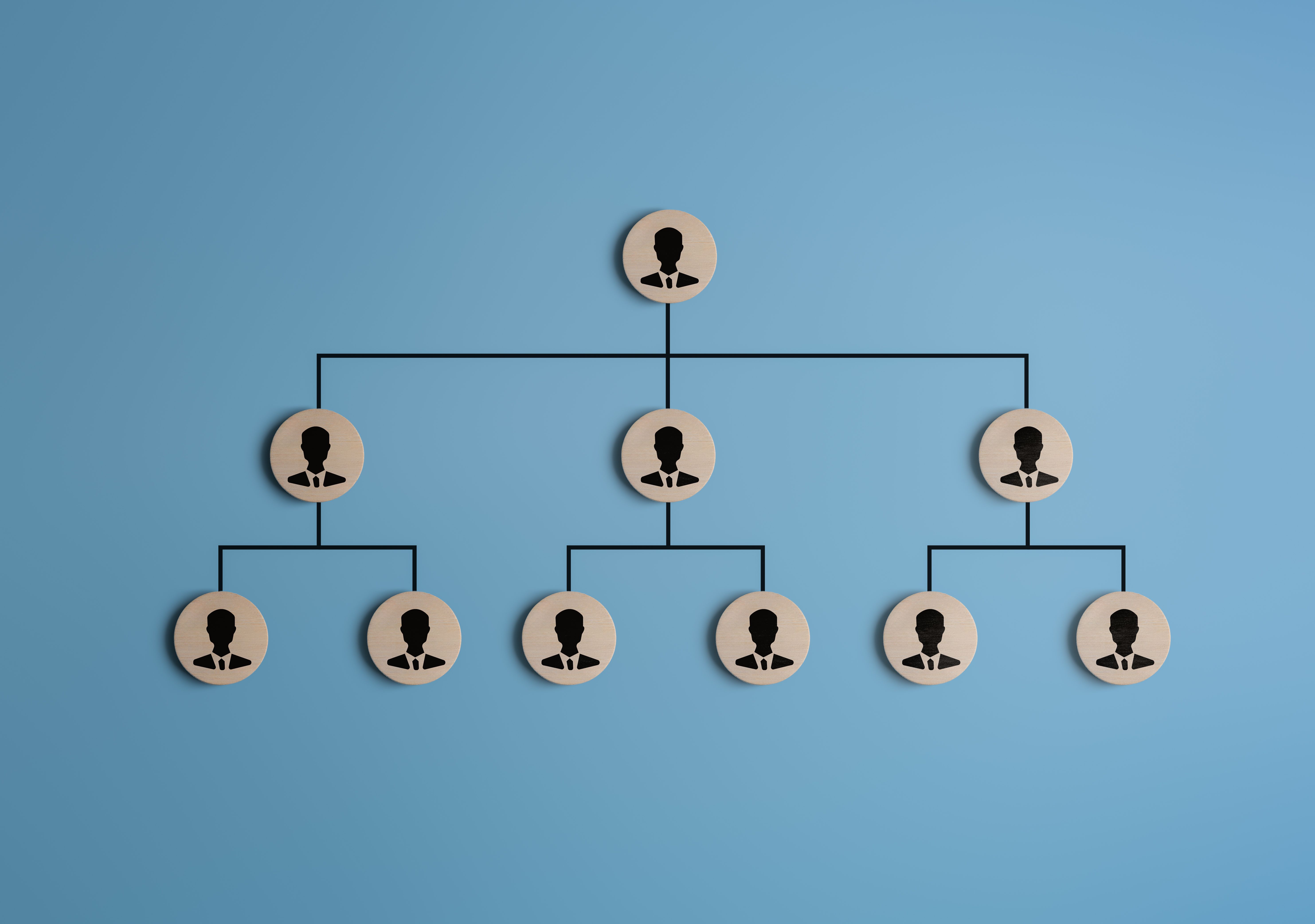 Diagrama de árvore de estrutura de negócios para plano de carreira de recursos humanos e tabela de hierarquia de funcionários. Organograma, mapa de nivelamento da empresa ou organograma exibido com ícones de pessoas em fundo azul.