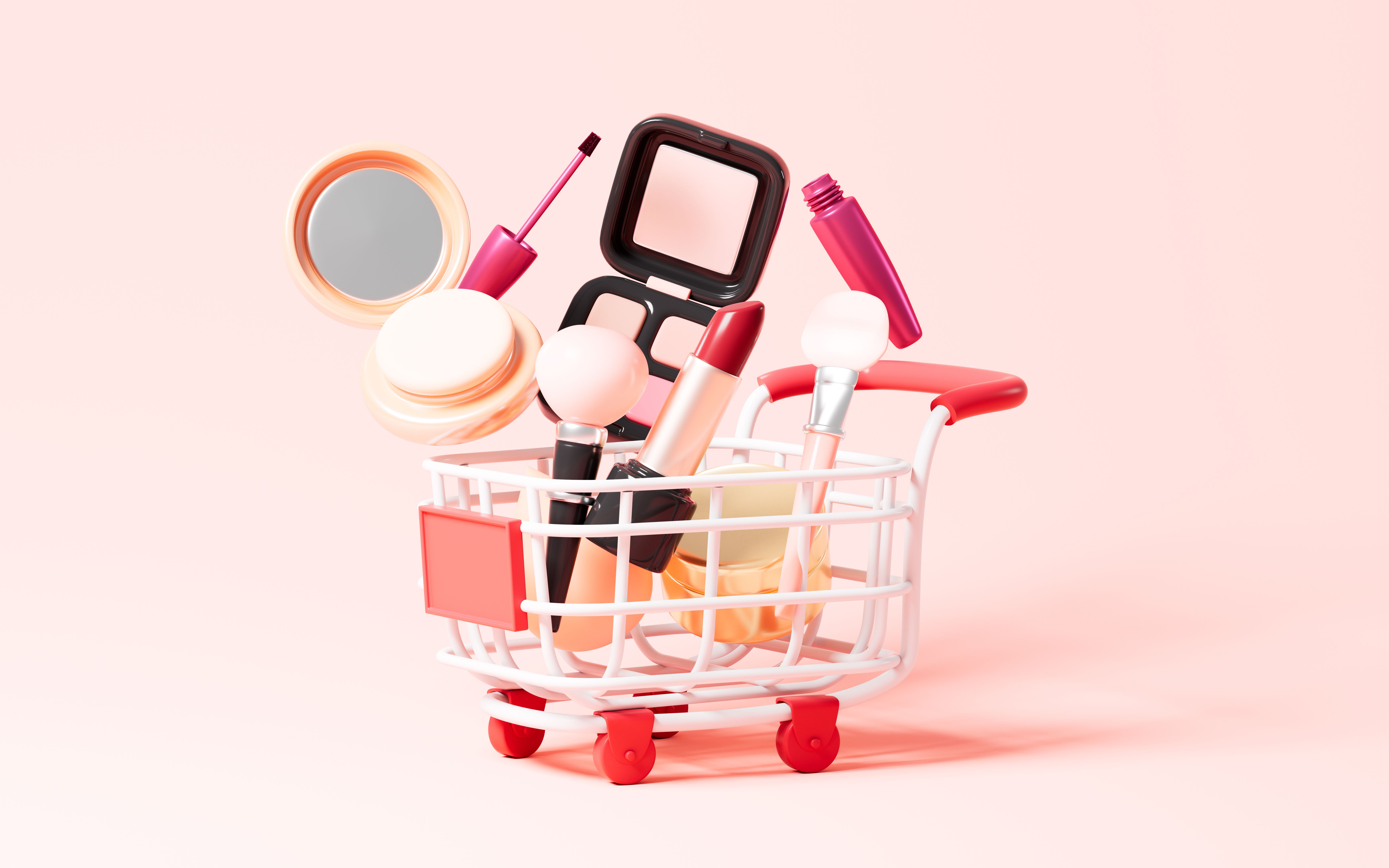 Eyeshadow, mascara cream, lipstick, pressed powder, cheek color, cosmetics tools in the shopping cart.